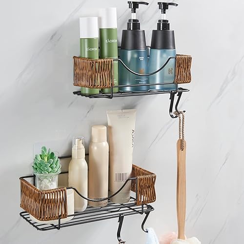 MeimeiDe Organizador de ducha adhesivo estantes de ducha de baño de ratán sin perforación, soporte para champú a prueba de óxido para pared de