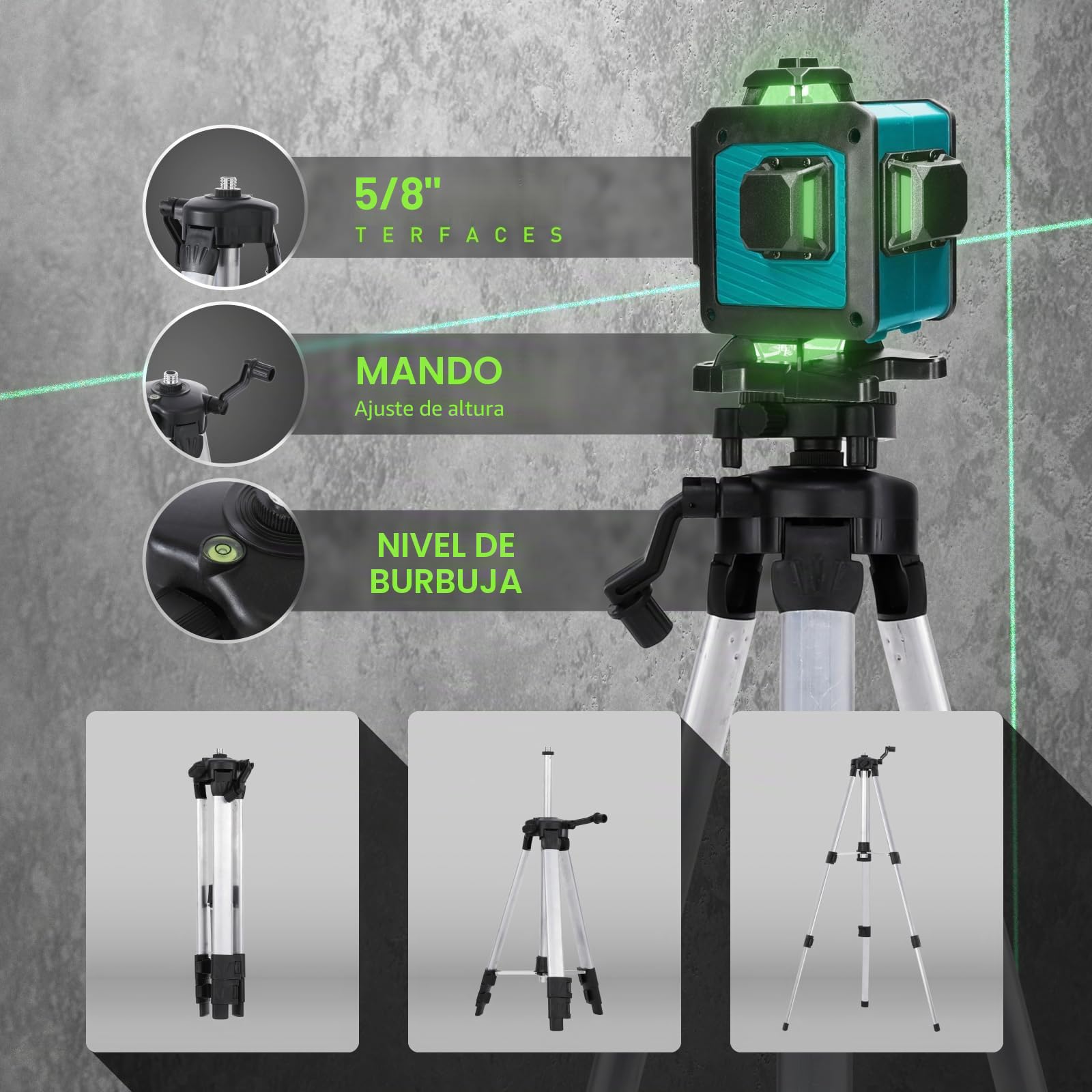 Weytoll Nivel láser multifuncional de 16 líneas Función autonivelante de 3° Herramienta de nivelación Línea adhesiva de pared de suelo omnidireccional con soporte de trípode ajustable de altura de 1,2