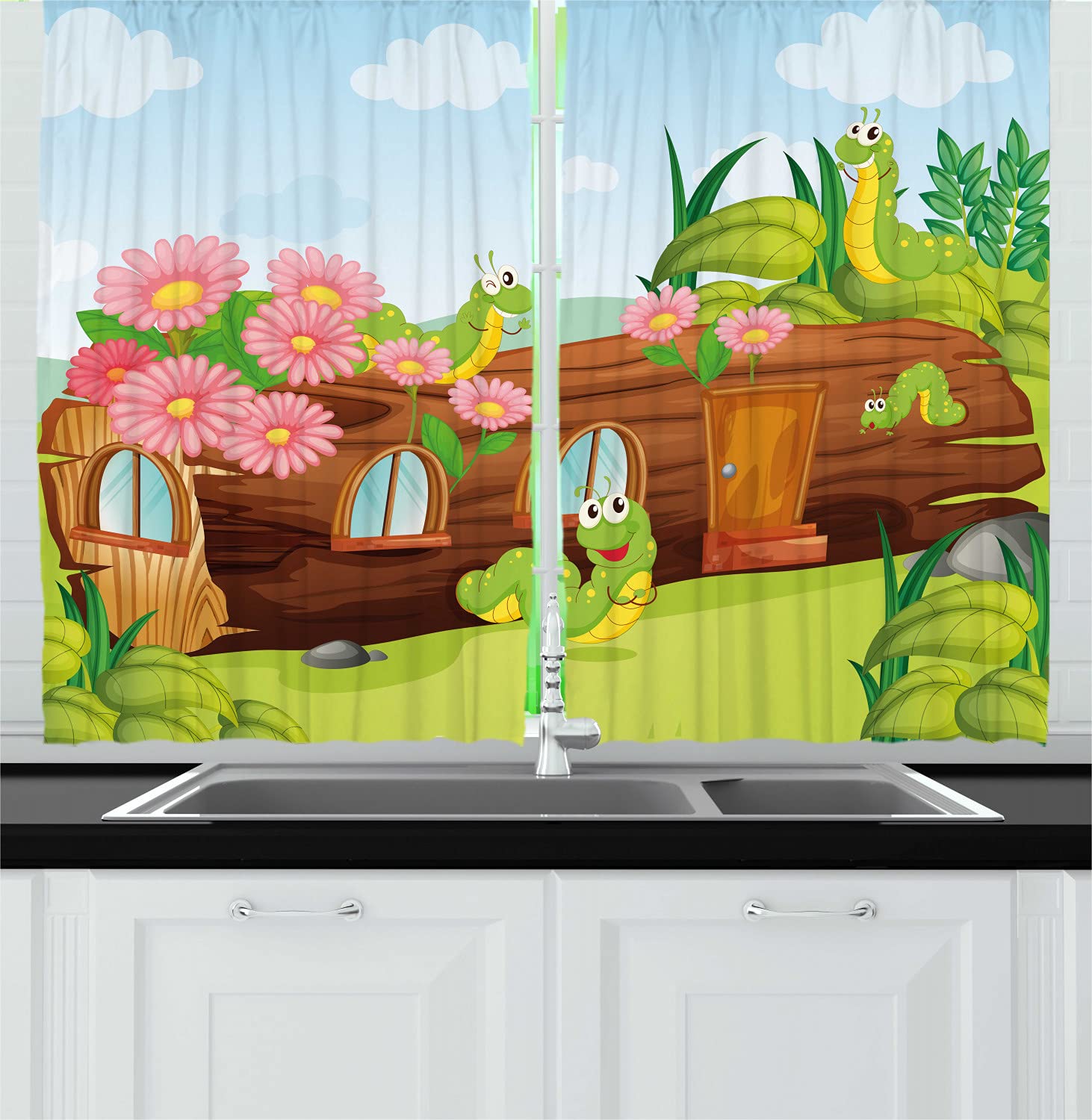 Ambesonne Tree Kitchen Curtains, Friendly Smiling Worms in Wooden Tree House Animal Image, Window Drapes 2 Panel Set for Kitchen Cafe Decor, 55" x 39", Apple Green Chocolate and Sky Blue