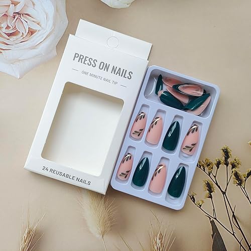Miniatura 6 de Uñas postizas a presión de almendra, hojas verdes puras, uñas postizas con diseños de líneas doradas, uñas acrílicas, color verde negruzco, uñas
