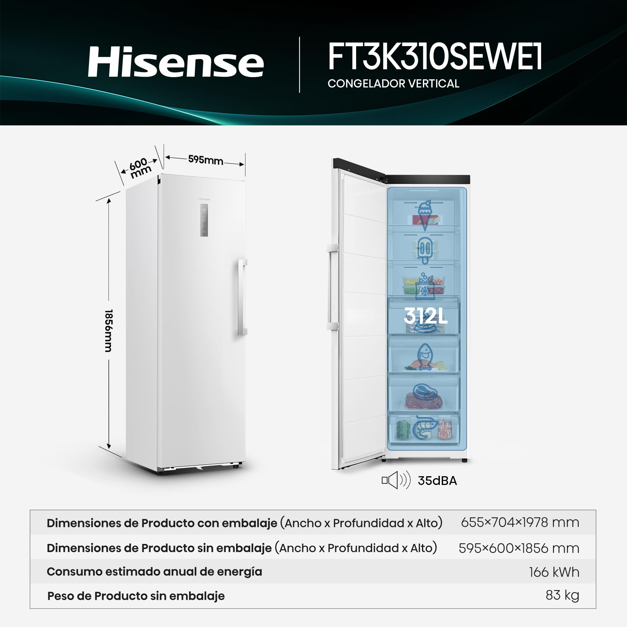 Hisense FT3K310SEWE1 - Congelador Una Puerta Total No Frost Kitchen Fit, 312L, 186cm, Ventilación Inferior, Congelamiento Rápido, Tirador de Apertura Fácil, Apertura de Puerta 90º, WiFi, Blanco