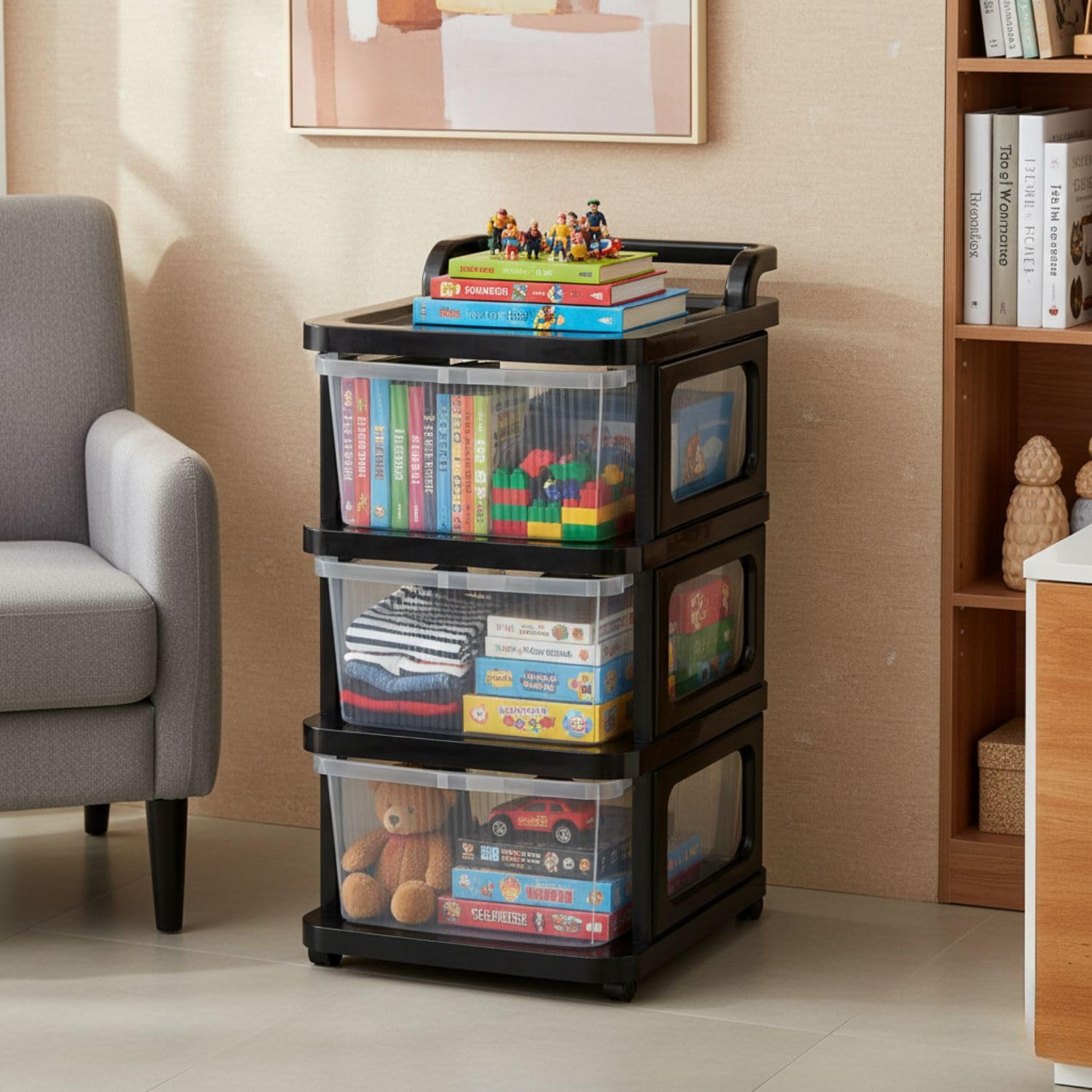 3Layer Plastic Storage Drawer Organizer with Wheels, Modular Cabinet for Home, Office, School, Hospital, Parlor, Morden Kitchen, Cosmetics, Clothes, Toys Organiser for Kids Room-Clear Black-image-6