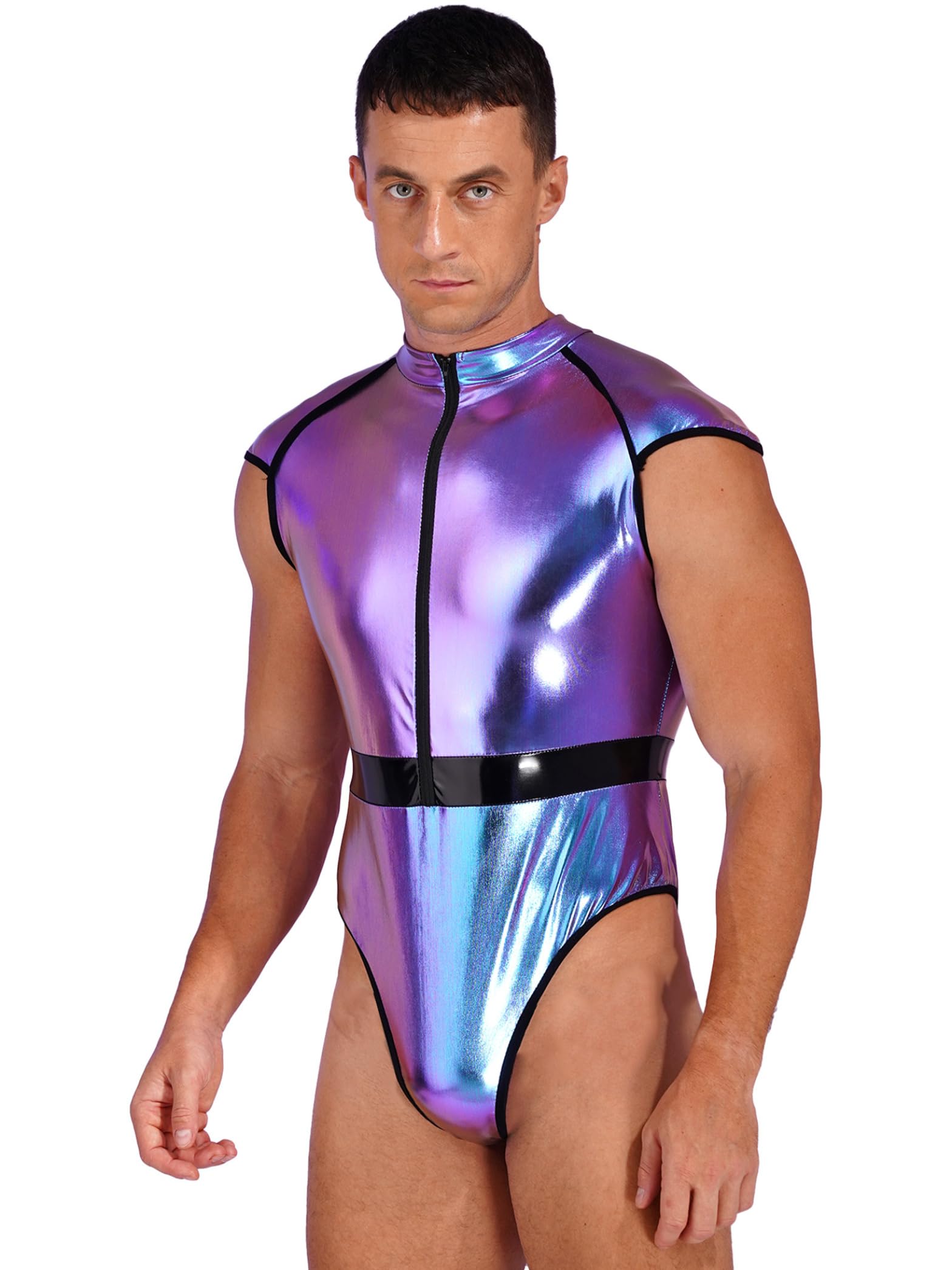 Men's Space Cadet Alien Costume Role Play Metallic Shiny Leotard Bodycon Bodysuit Costumes