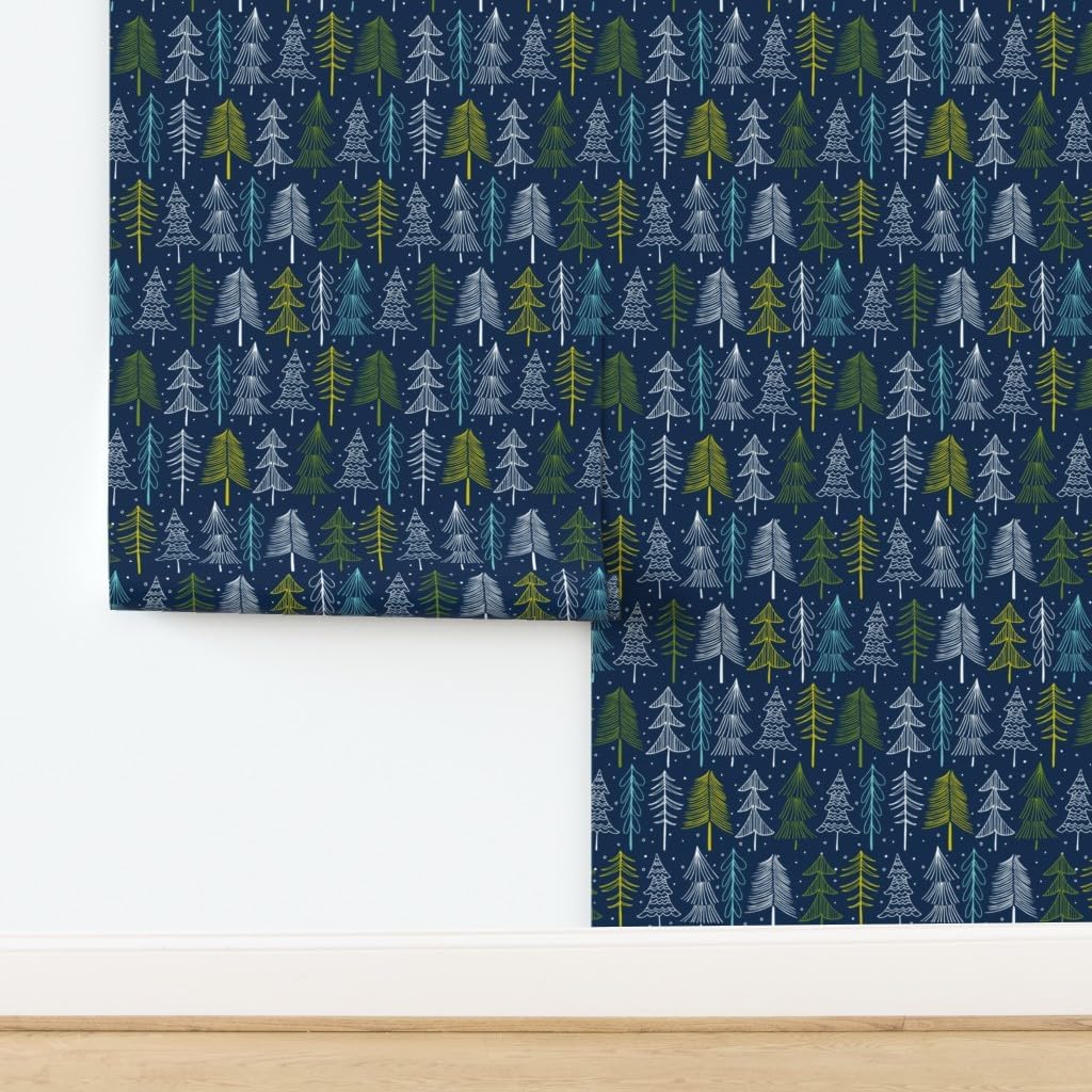 Spoonflower Removable Wallpaper 3ft x 2ft - Christmas Tree Navy Blue Regular Scale Holiday Winter Forest Snow Festive Trees Seasonal Nature Custom Pre-Pasted Wallpaper