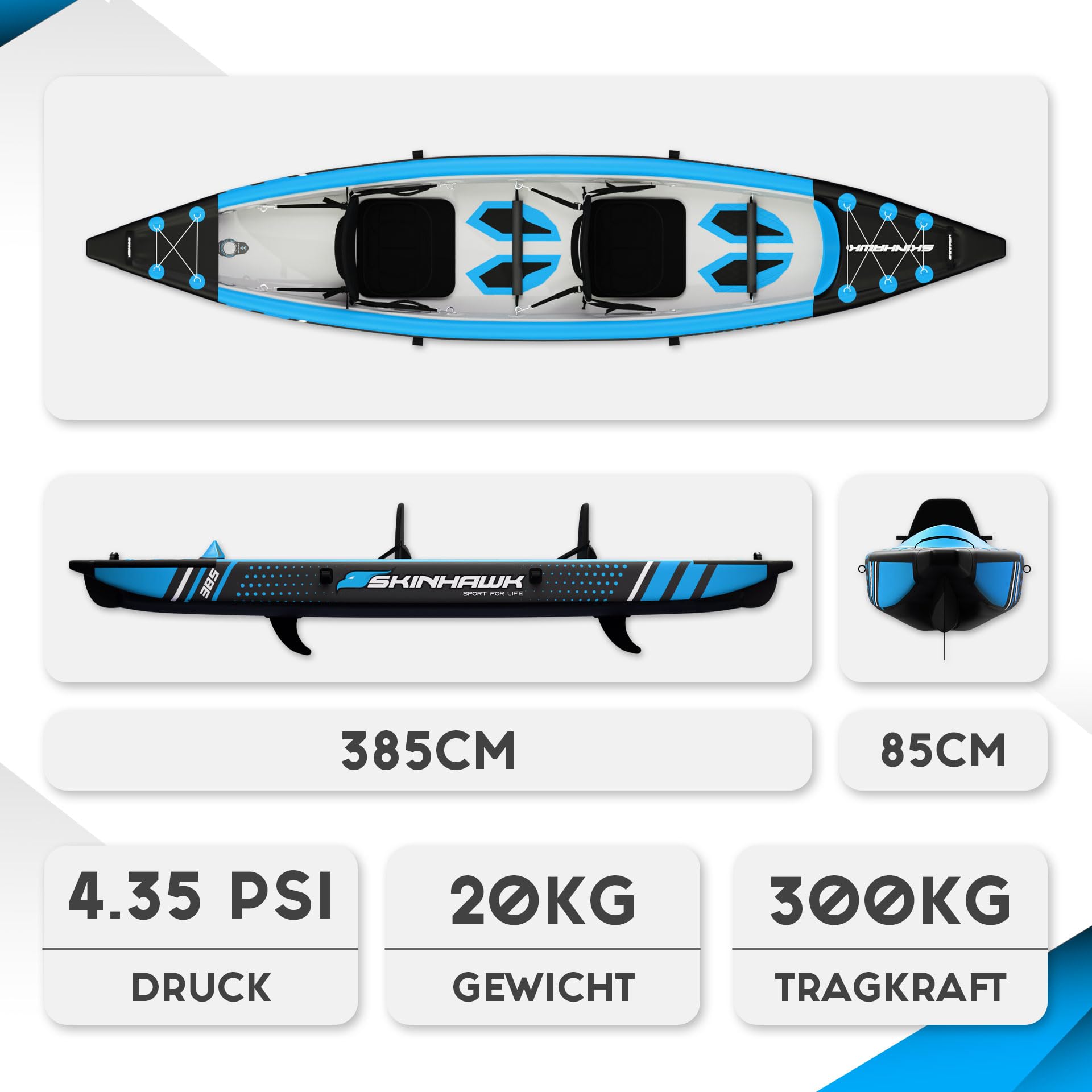 SKINHAWK Blu KAJAK-2 Persone Drop-Stitch Blu Barca Canna 385 cm x 85 cm