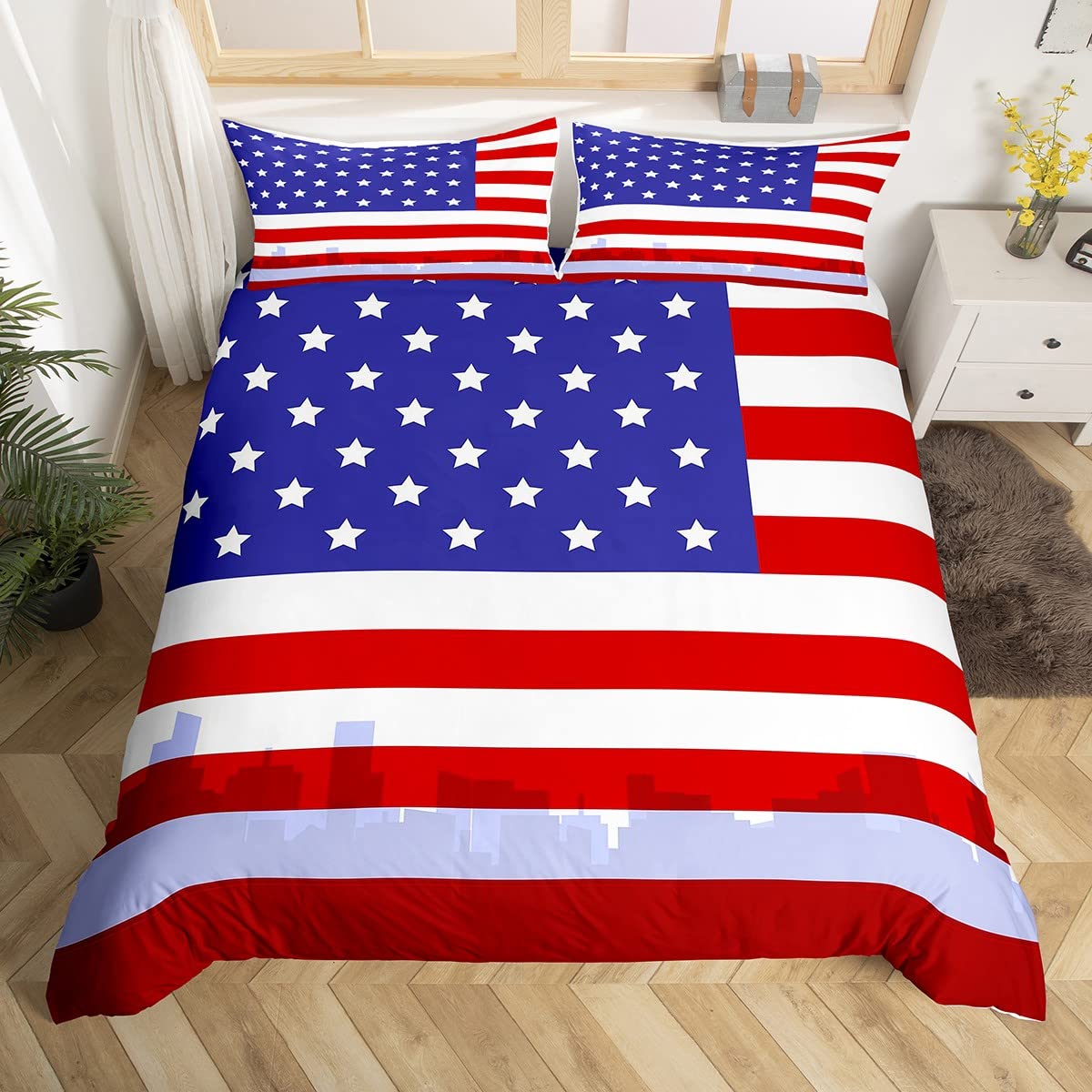Housse de couette drapeau américain et étoiles géométriques pour chambre de garçons et filles
