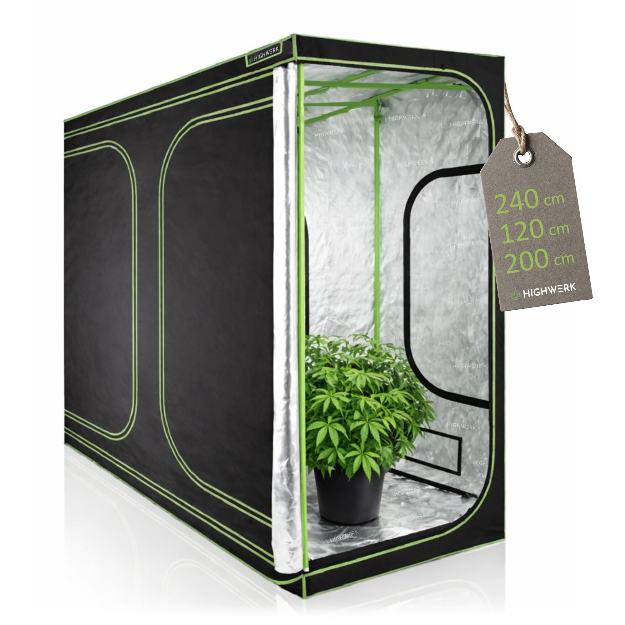 HIGHWERK Growzelt 240 x 120 x 200 cm | MyHomeGrow Grow Tent, schwarz grün | Indoor Grow Tent für Pflanzenzucht | Growbox, Homegrow, Growschrank