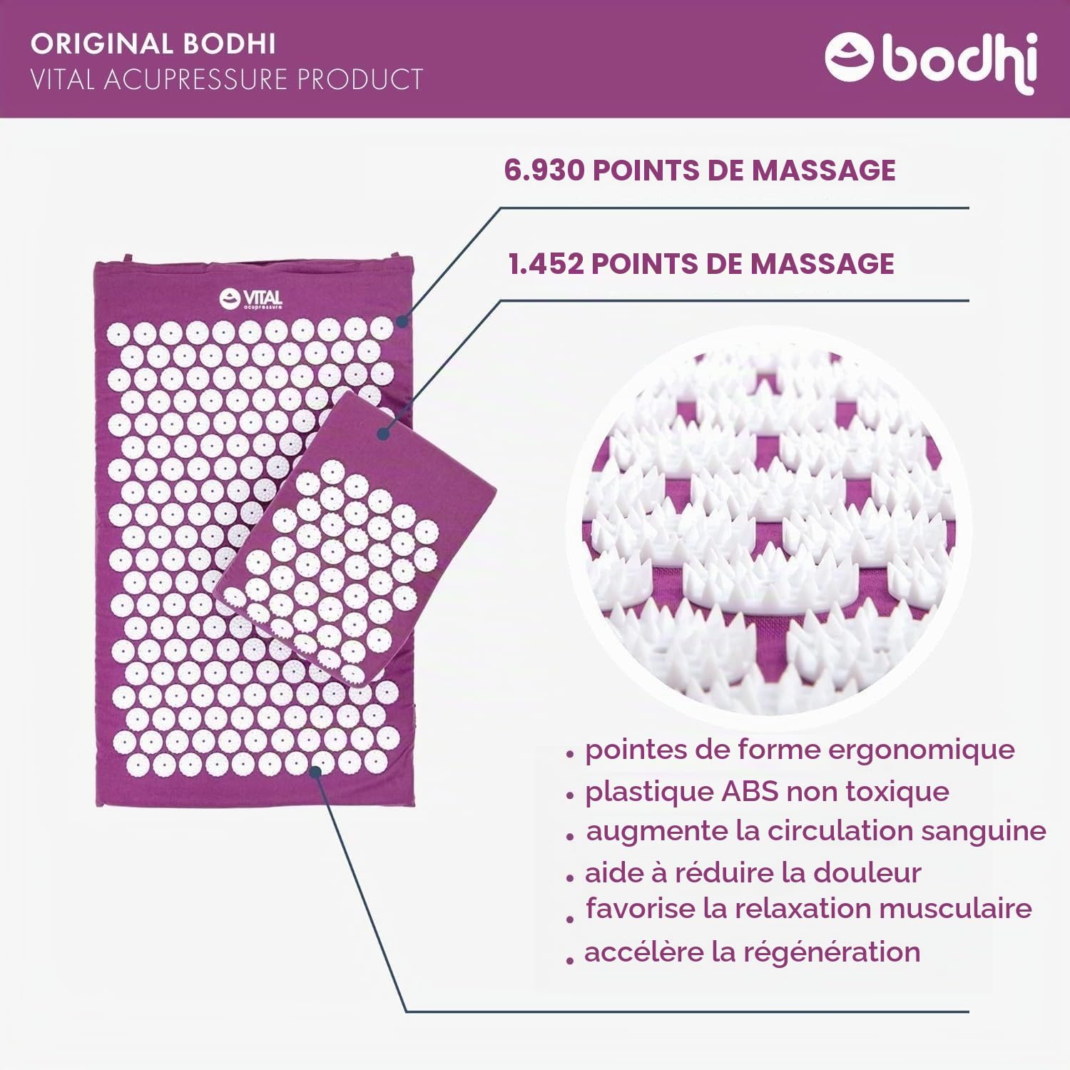 Kit d'acupression VITAL aubergine, tapis 74 x 44 cm + coussin 33 x 28 cm + sac de transport en nylon. Housse 100% coton et fleurs en plastique dur hypoallergénique ABS