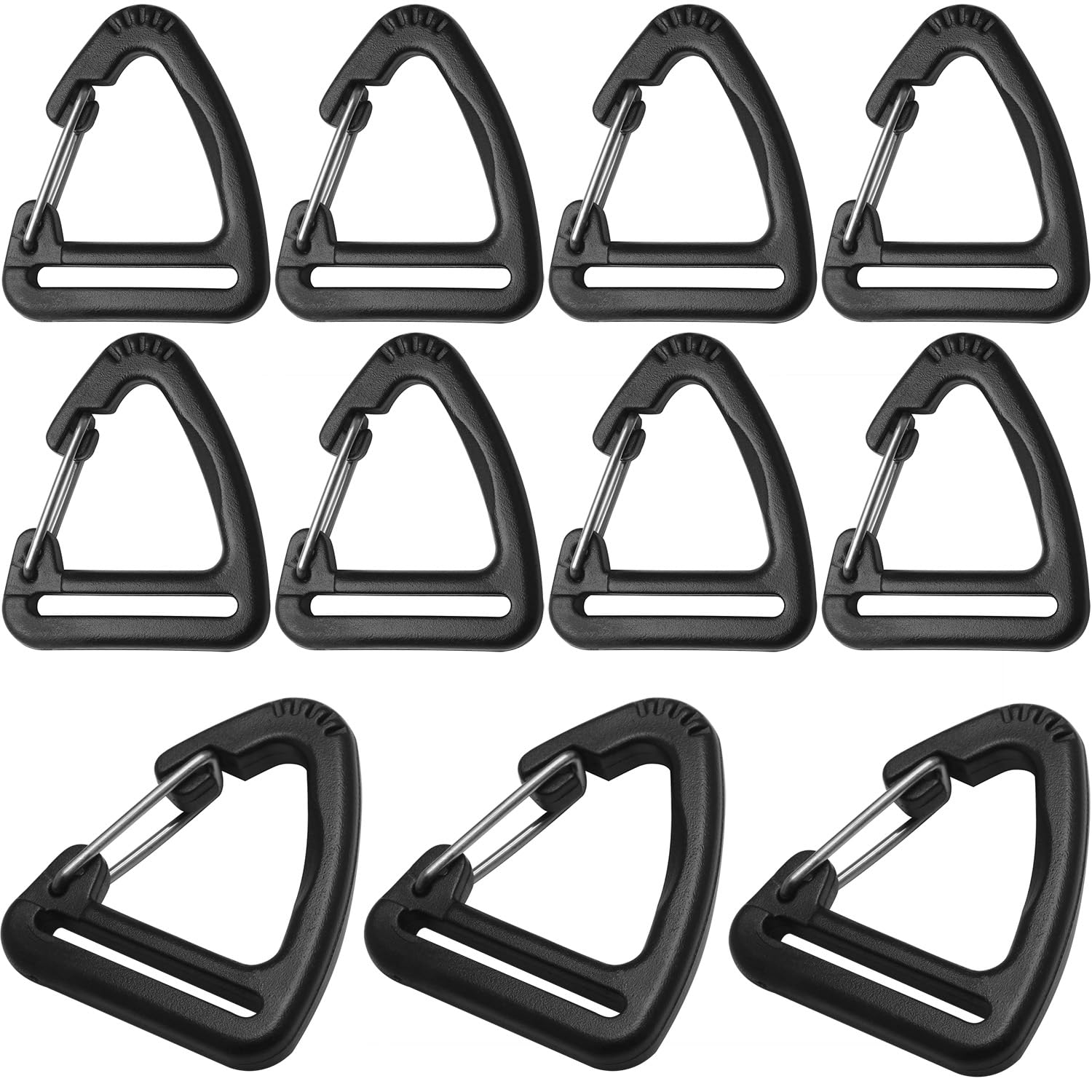 LUORNG 12PCS Triangle Hook Mountaineering Buckle POM Plastic Steel I.D. 25mm/1in Triple Slide Slider Button Bulk Free Adjustable Strap Buckle Backpack Clip Black