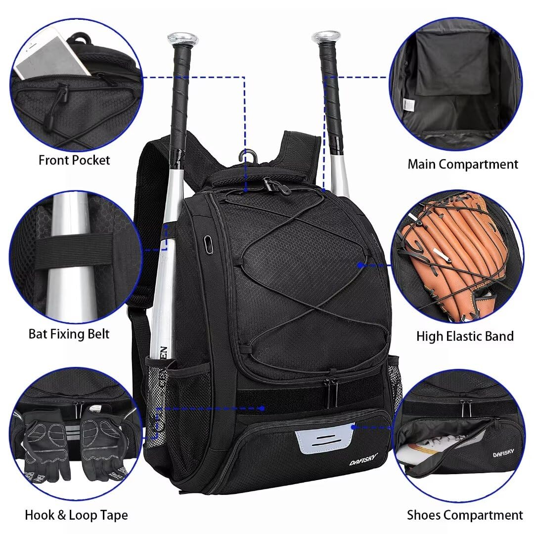 DAFISKY Baseball-Tasche Softball-Rucksack – Jugendliche, Erwachsene, T-Ballschläger-Ausrüstungstasche mit Schlägerhelmhaltern, Schuhfach