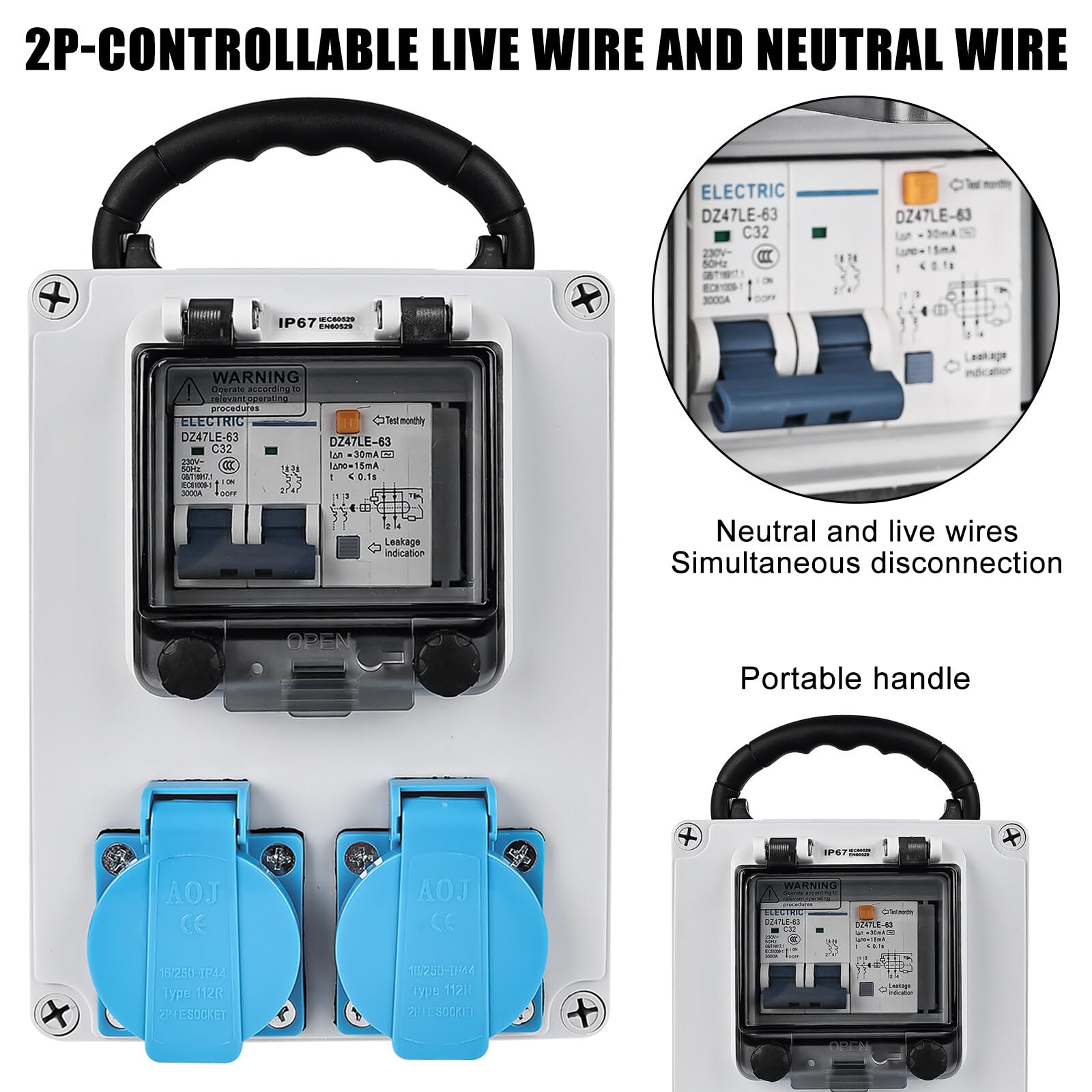 Distributore di corrente da costruzione, distributore di corrente con interruttore FI, distributore a parete 2 X 16A, 250 V 2P, 2 spina Schuko AC, alloggiamento IP67/presa IP44, impermeabile