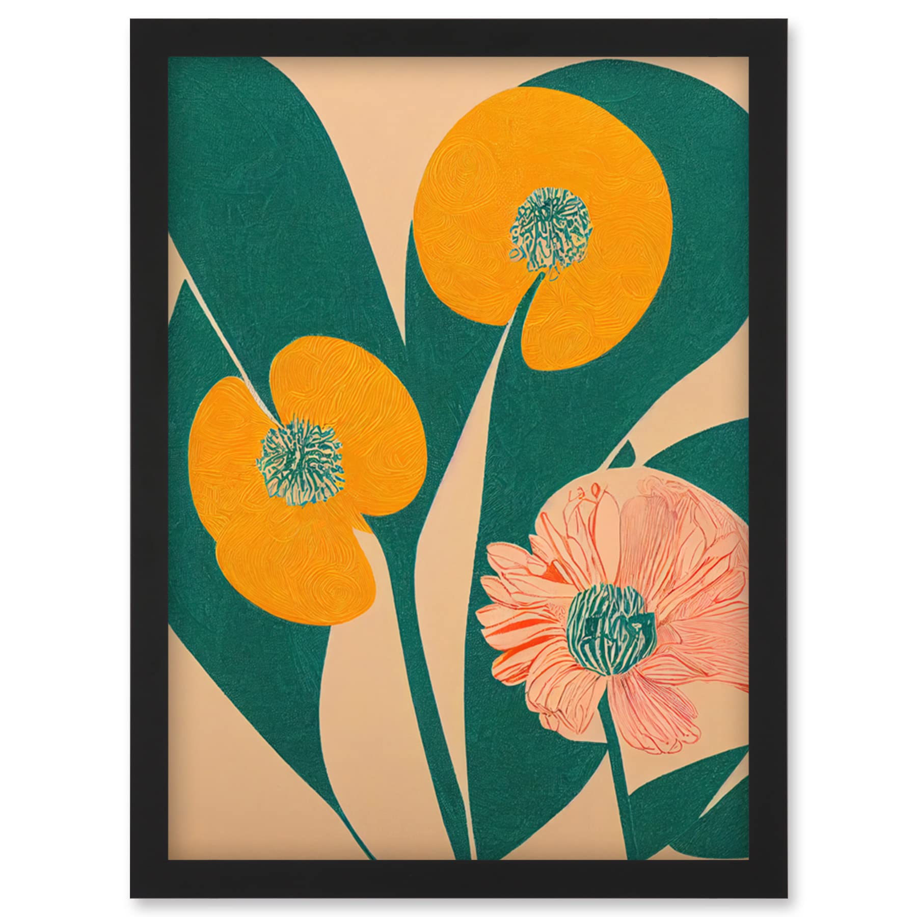 Artery8 California Poppy Flower Blooms Turquoise Leaves Bright Wall Art PrintA4 Size from B&Q