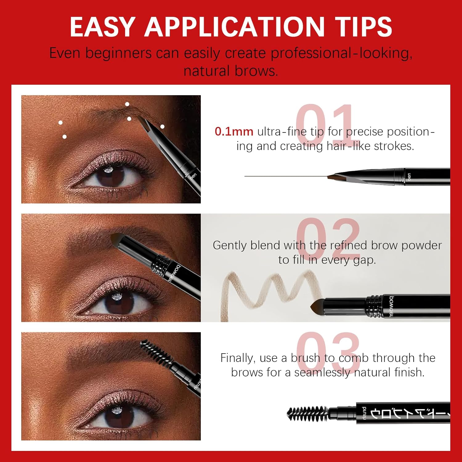 Browcharm Microblading Eyebrow Pencil,0.1mm Ultra-Fine Tip,3-in-1 Waterproof Eyebrow Pencil,with Eyebrow Powder&Eyebrow Brush,Hair-Like Strokes,Shapes,Fills Brow Makeup (03 Light Brown) - Image 5