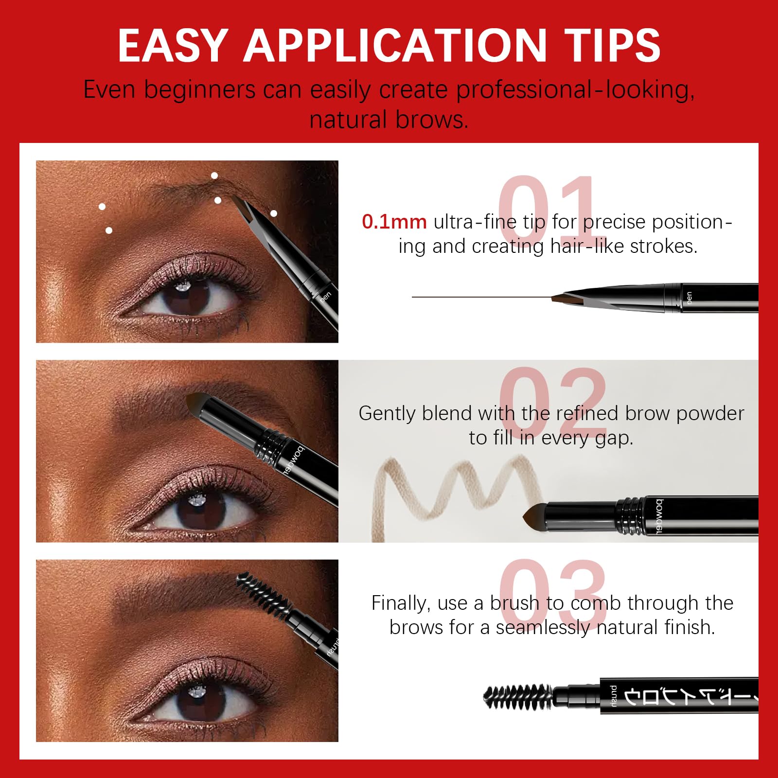 Browcharm Microblading-Augenbrauenstift, 0,1 mm ultrafeine Spitze, 3-in-1 wasserdichter Augenbrauenstift, mit Augenbrauenpuder und Augenbrauenpinsel, haarähnliche Striche, Formen, füllt
