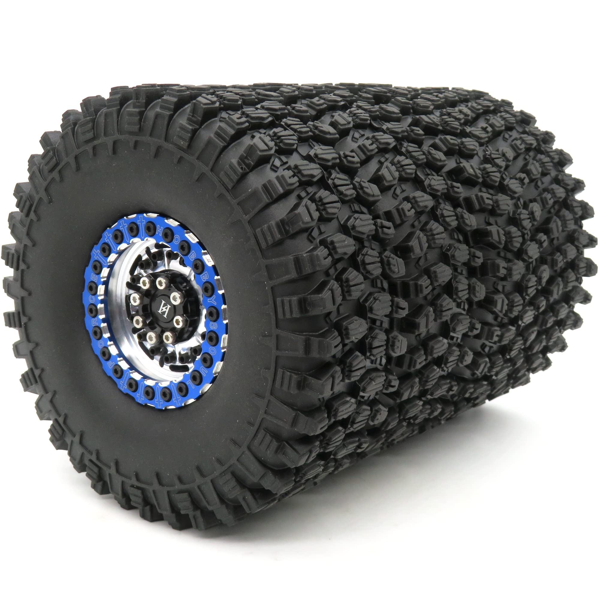 HOBBYSOUL Height 4.72'' / 120mm 1.9 Mud Crawler Tires Tyres & Force 1.9 Metal Beadlock Wheels Rims, 1.9 Beadlock Wheels and Tires Silver Blue for SCX10 TRX-4 Gen8 Tamiay CC01, (4-Pack, Assembled)