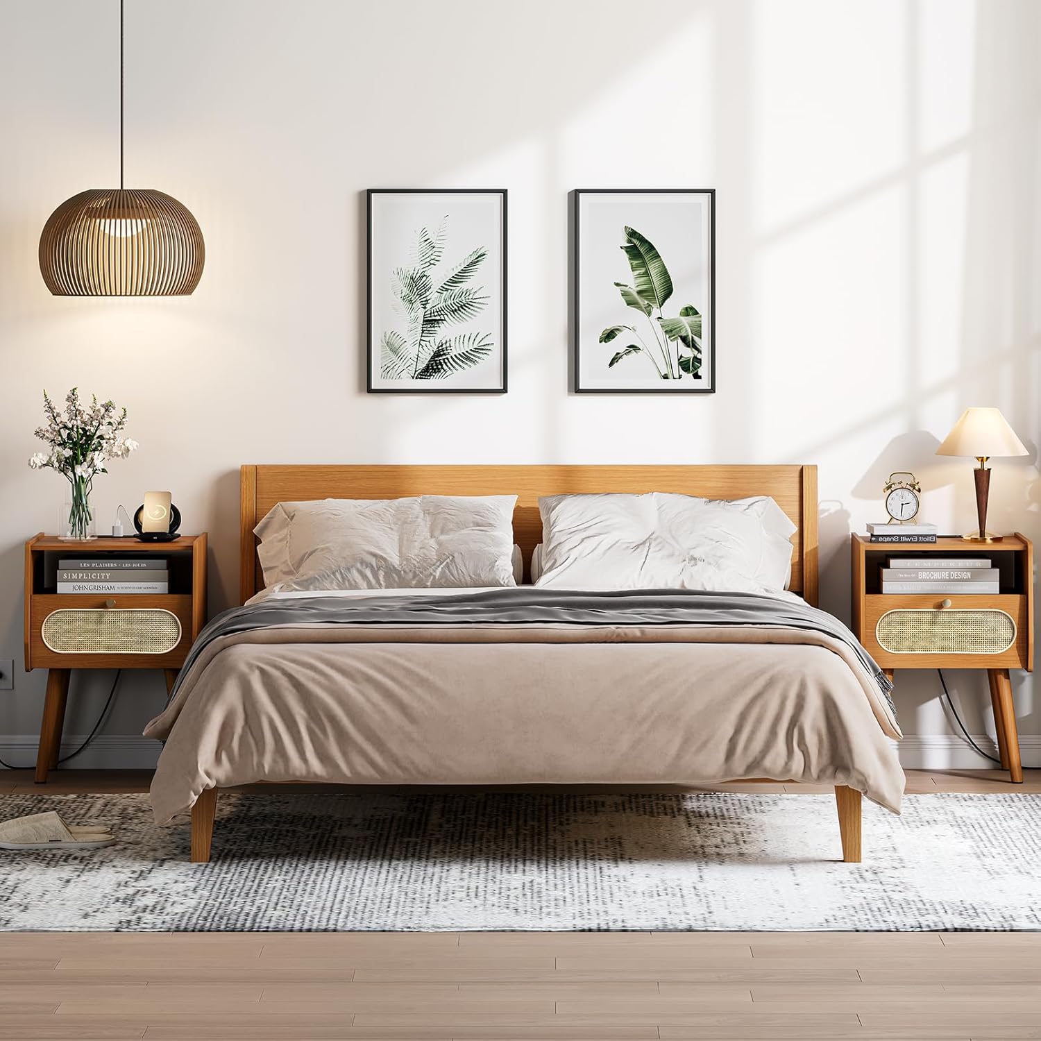 Night Stand Set 2,Mid Century Modern Night Stand with Charging Station & Rattan Dresser,Bed Side Tables with Solid Wood Feet,End Table, for Bedroom, Living Room,Cherry