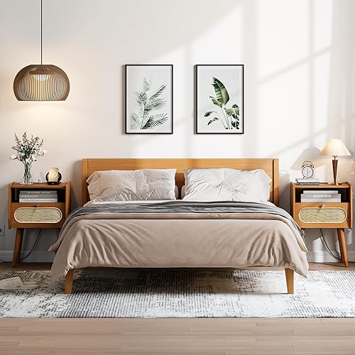 Miniatura 9 de Juego de 2 mesitas de noche modernas de mediados de siglo, mesita de noche de ratán con estación de carga, mesa auxiliar bohemia con almacenamiento