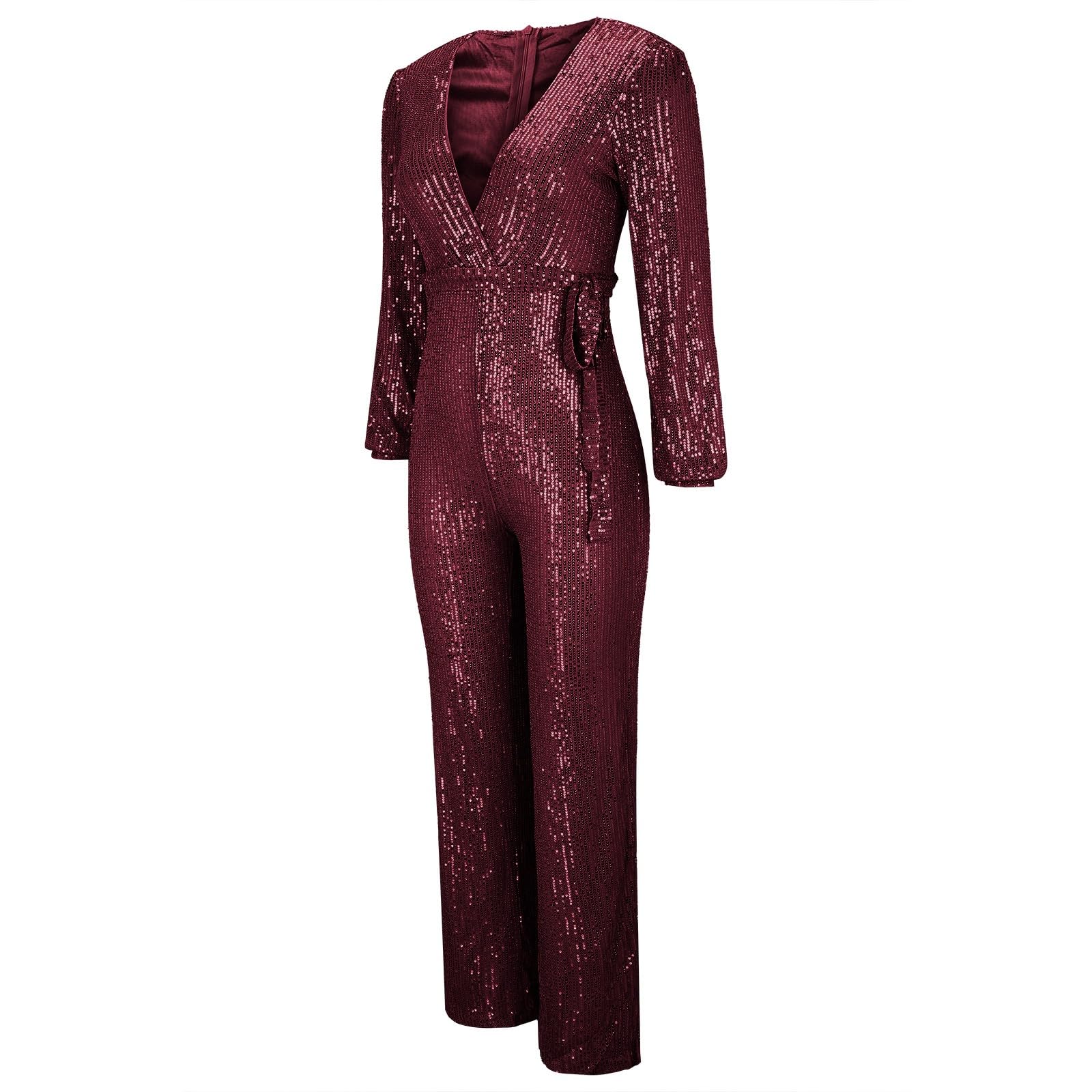 Combinaison à paillettes pour femme - Paillettes brillantes - Col en V - Manches longues - Barboteuse droite et large - Pantalon long, bordeaux, S