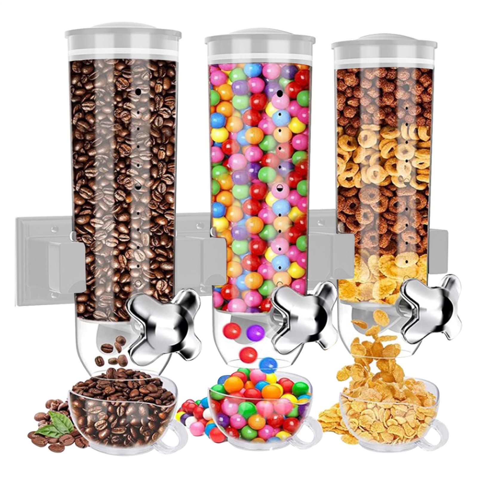 Dispenser per alimenti da parete – Simpatico dispenser per cereali 3 tazze | compatto, contenitore ermetico trasparente, serbatoio da cucina a tre scomparti | Conserva cereali farina d'avena chicchi di