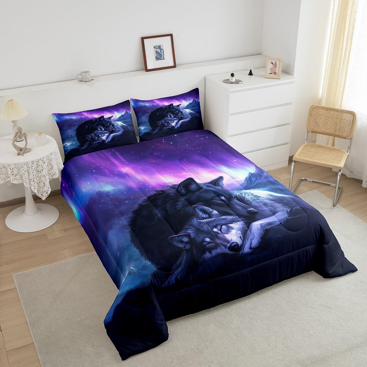Castle Fairy Wolf Animal Bedding Set Toddler Size Sleeping Wildlife Wolves Comforter Set for Girls Boys Room Decor Ombre Purple Aurora Down Comforter Western Rustic Quilt Set with 1 Pillowcase