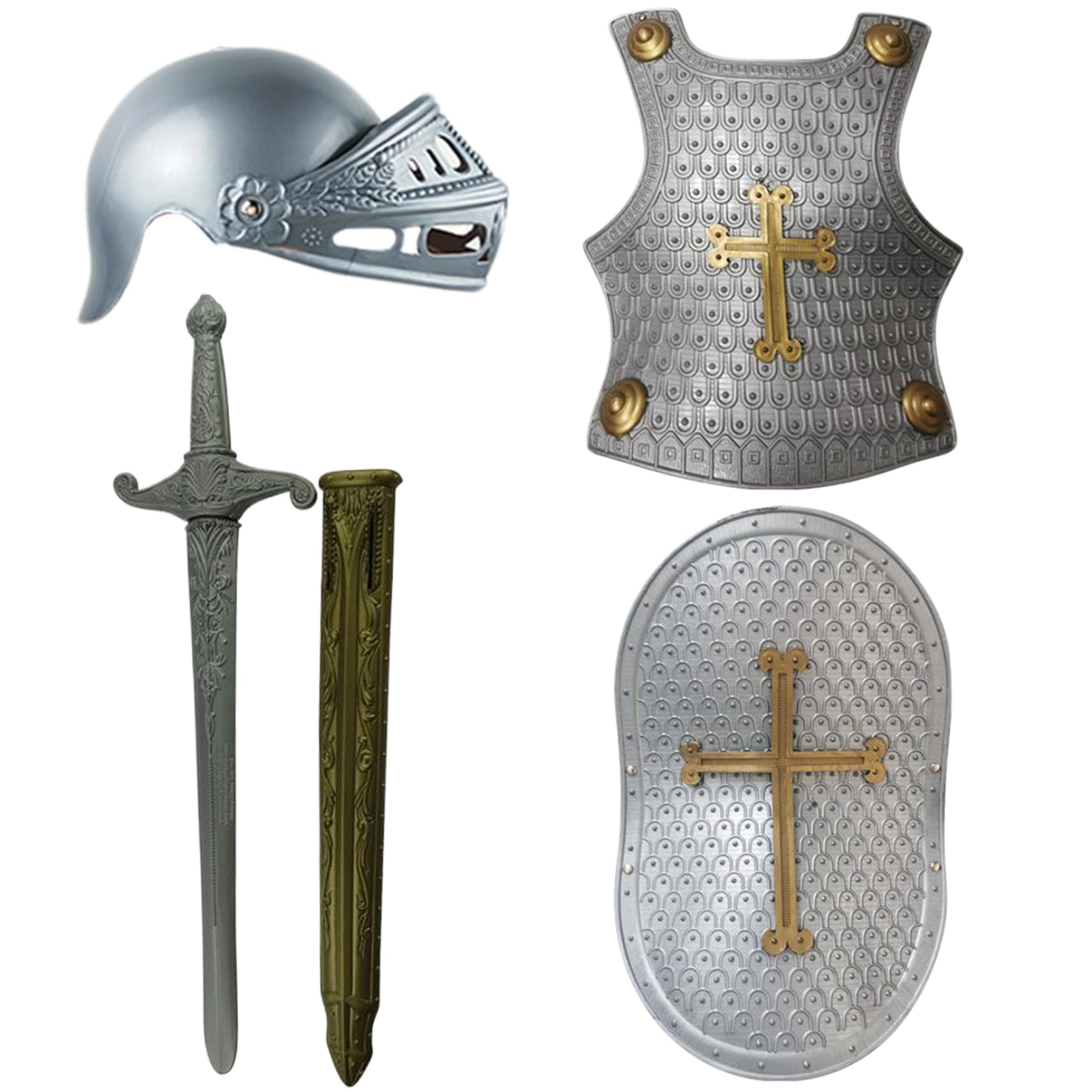 4-teiliges Ritterkostüm für Kinder mit Kreuzmuster für Rollenspiele, Cosplay, Halloween, inklusive Helm, Schild, Schwert, mittelalterliches Ritterrüstungsset