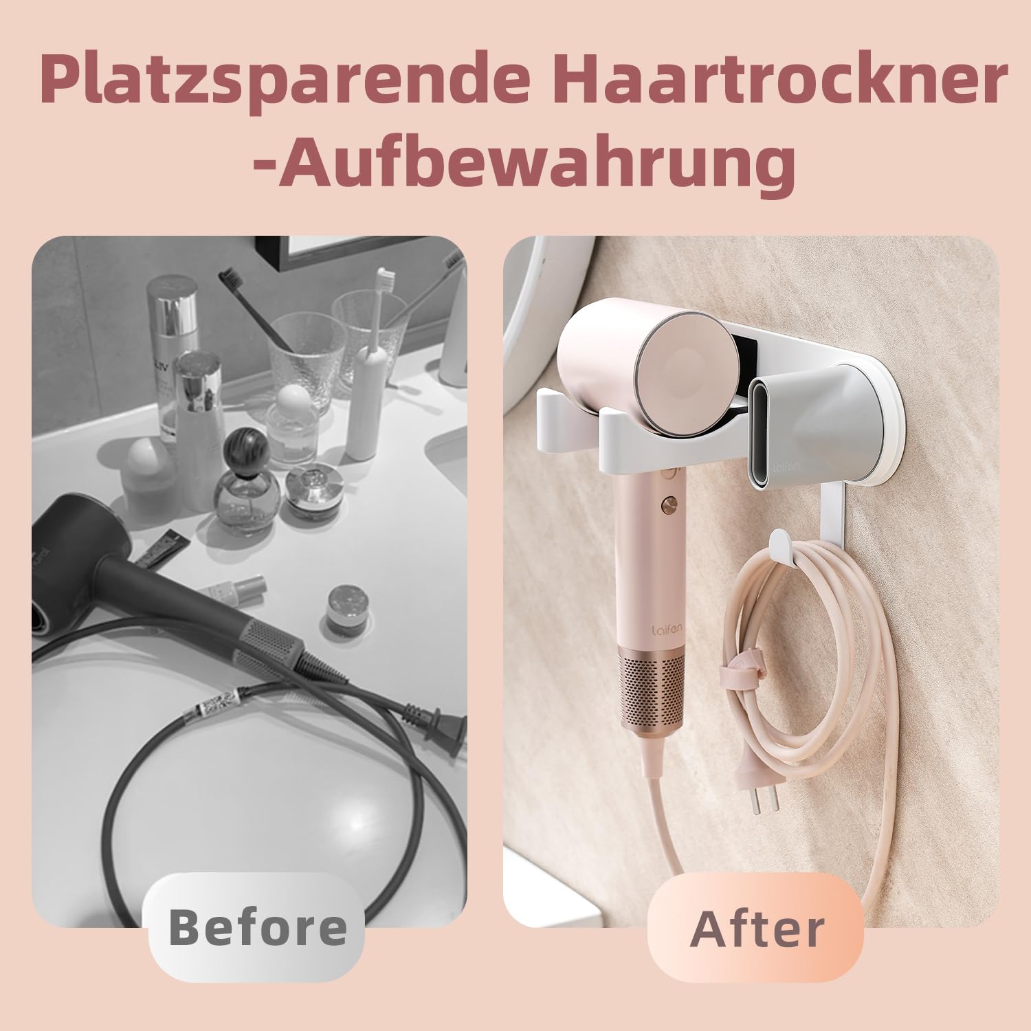 Föhnhalterung Wand Ohne Bohren, Fönhalter für Haartrockner, Edelstahl Haartrocknerhalter zum Kleben, Föhn Halterung für Badezimmer Weiß Chochoyah