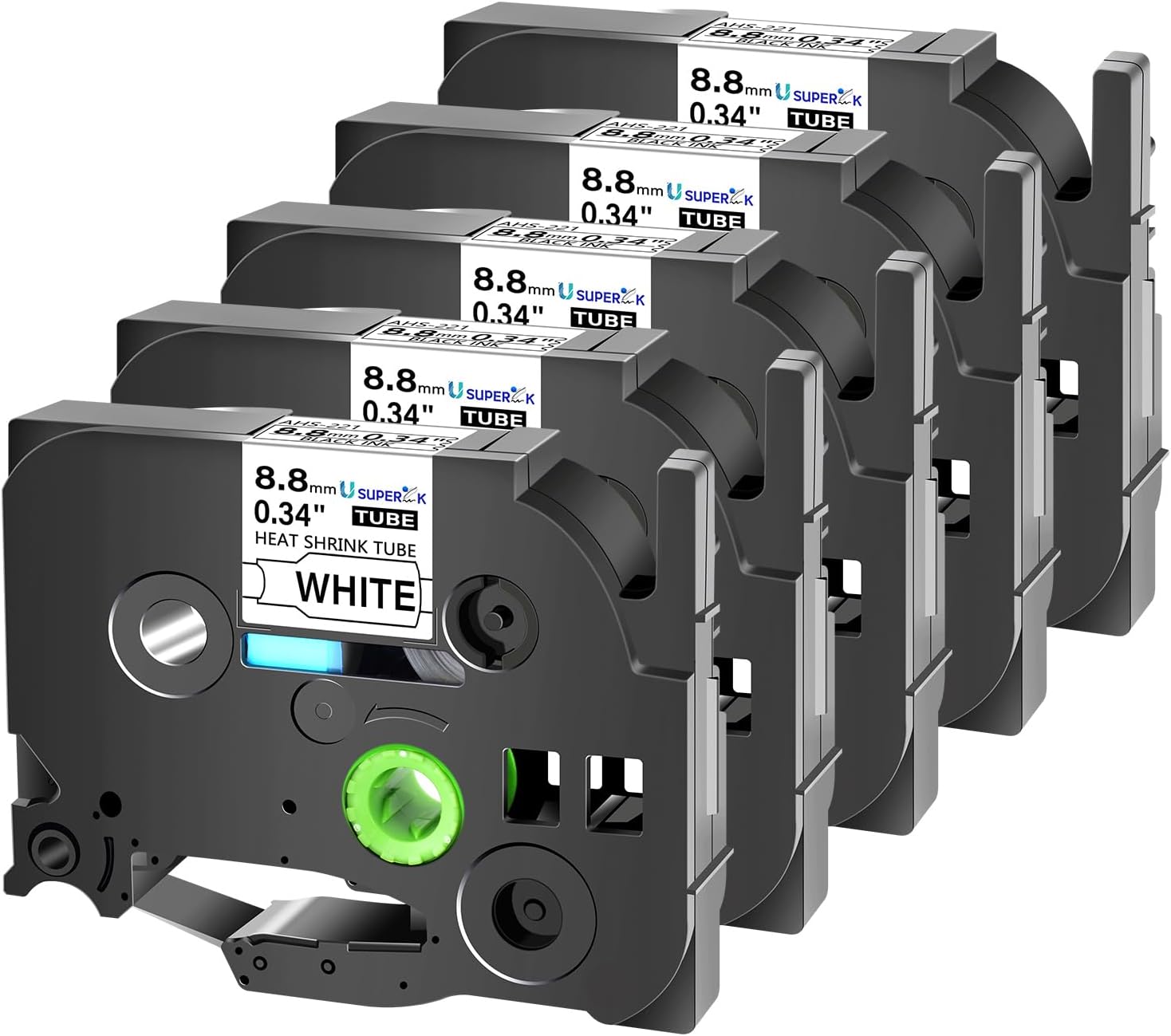 USUPERINK 5 PK Compatible for Brother Ptouch HSe-221 HSe221 HS-221 HS221 8.8mm Black on White Heat Shrink Tube Label Tape use in PT-D210 PT-D400 PT-E300 PT-E500 PT-P750WVP Label Maker (0.34''x 4.92ft)