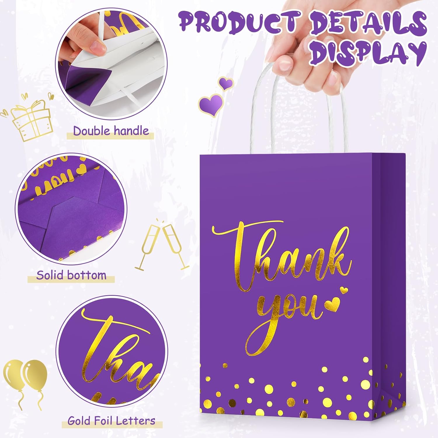 Tinlade 30 Pcs Thank You Gift Bags with Tissue Paper Gold Thank You Wedding Bags with Handle for Graduation Business Shopping Wedding Shower Party Favors(Dark Purple) - Image 3