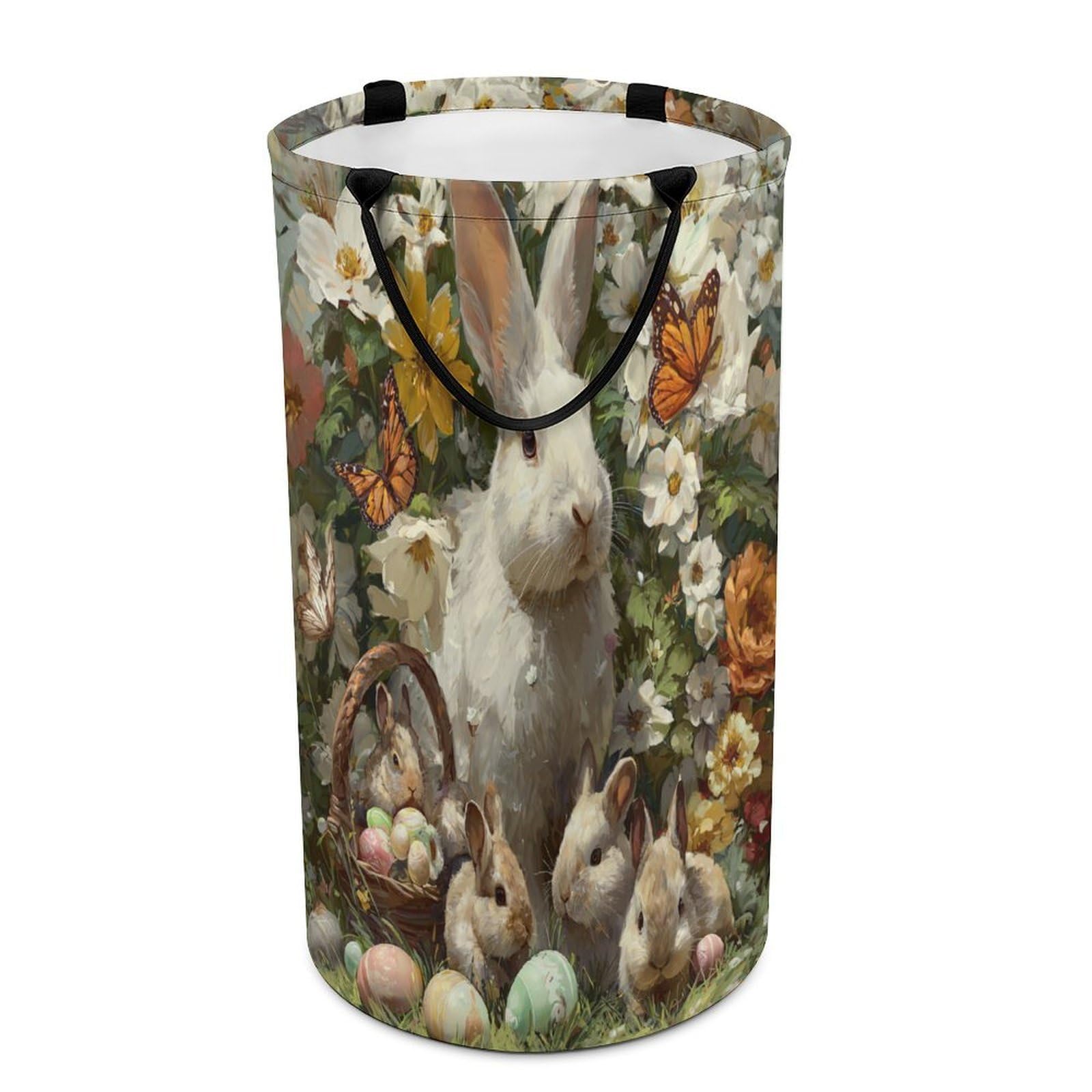 LUYYSKY Cute Abstract Easter Rabbits Versatile Storage Laundry Basket, Vintage Classic Colorful Eggs Animals Bunny Butterflies Flowers Large Capacity Bathroom Hamper With Handle