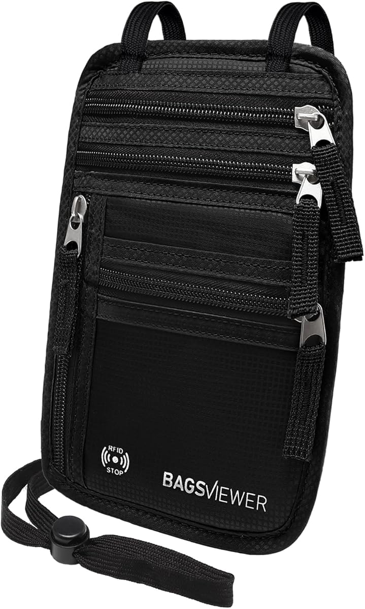 BAGSVIEWER Neck Wallet, RFID Blocking Passport Holder for Travel, Waterproof and Slim Pouch with Adjustable Neck Strap for Men, Women to Secure Cash and Credit Cards, 8" × 8.5"