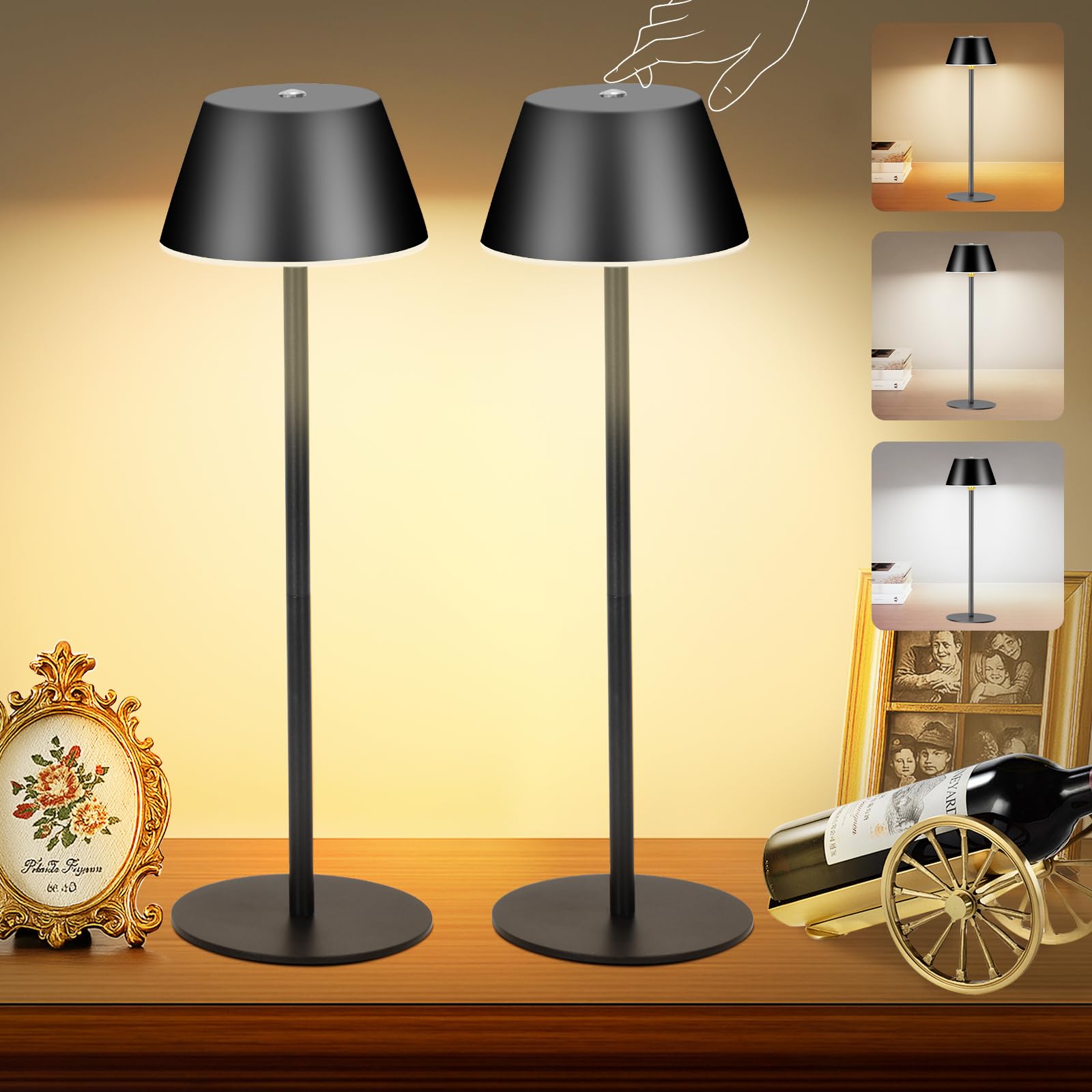 Cordless Table Lamps, LED Rechargeable Battery Operated Lamp with 2 Adjustable Height 3 Colors Stepless Dimming, Touch Control Wireless Desk Lamp for