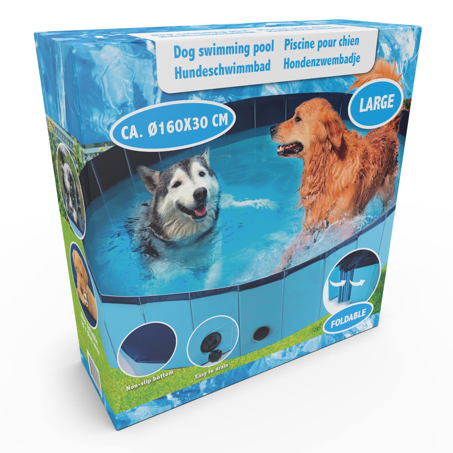 maxxpro Hundepool - 160 x 30 cm - Große Hunderassen - Faltbar - Anti-Rutsch-Boden - mit Entleerungsventil - Blau