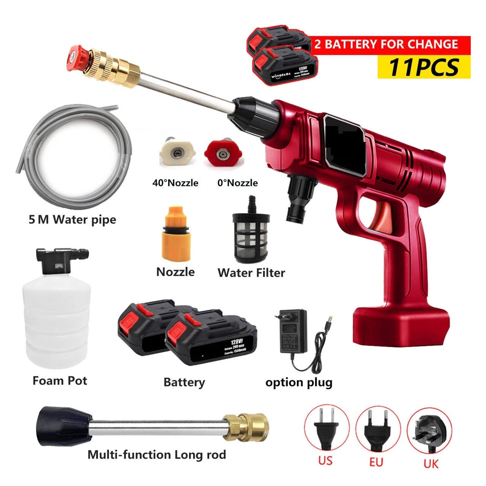 Lavadora de coche alta presión inalámbrica, pistola agua pulverizada, limpiador lavado portátil, máquina limpieza for batería 18V,Resistente a la corrosión(Two small battery)