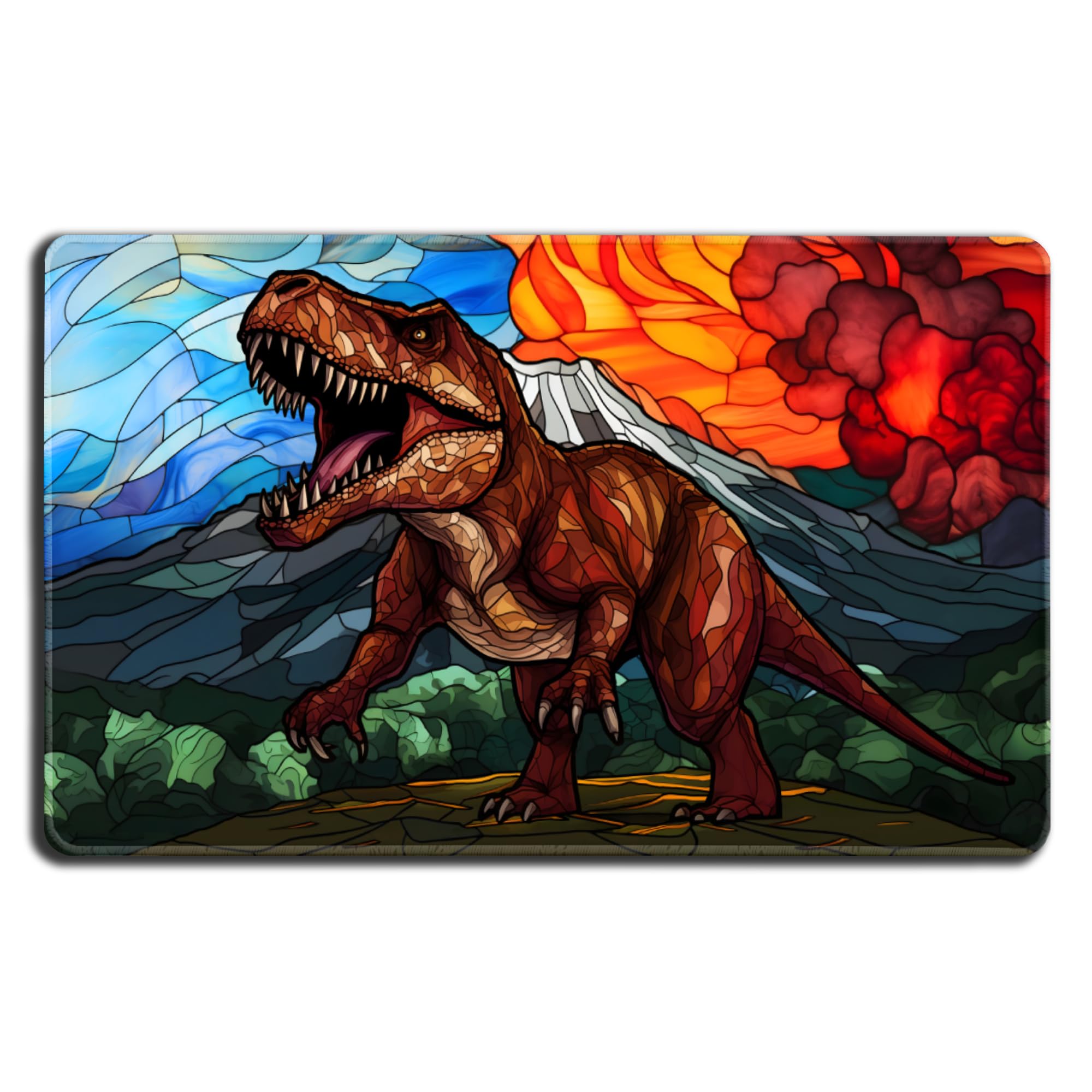 Trex Stained Glass Premium Stitched Card Game Playmat - by Digital Sorcery Studio - Compatible with MTG and Other Trading Card Games