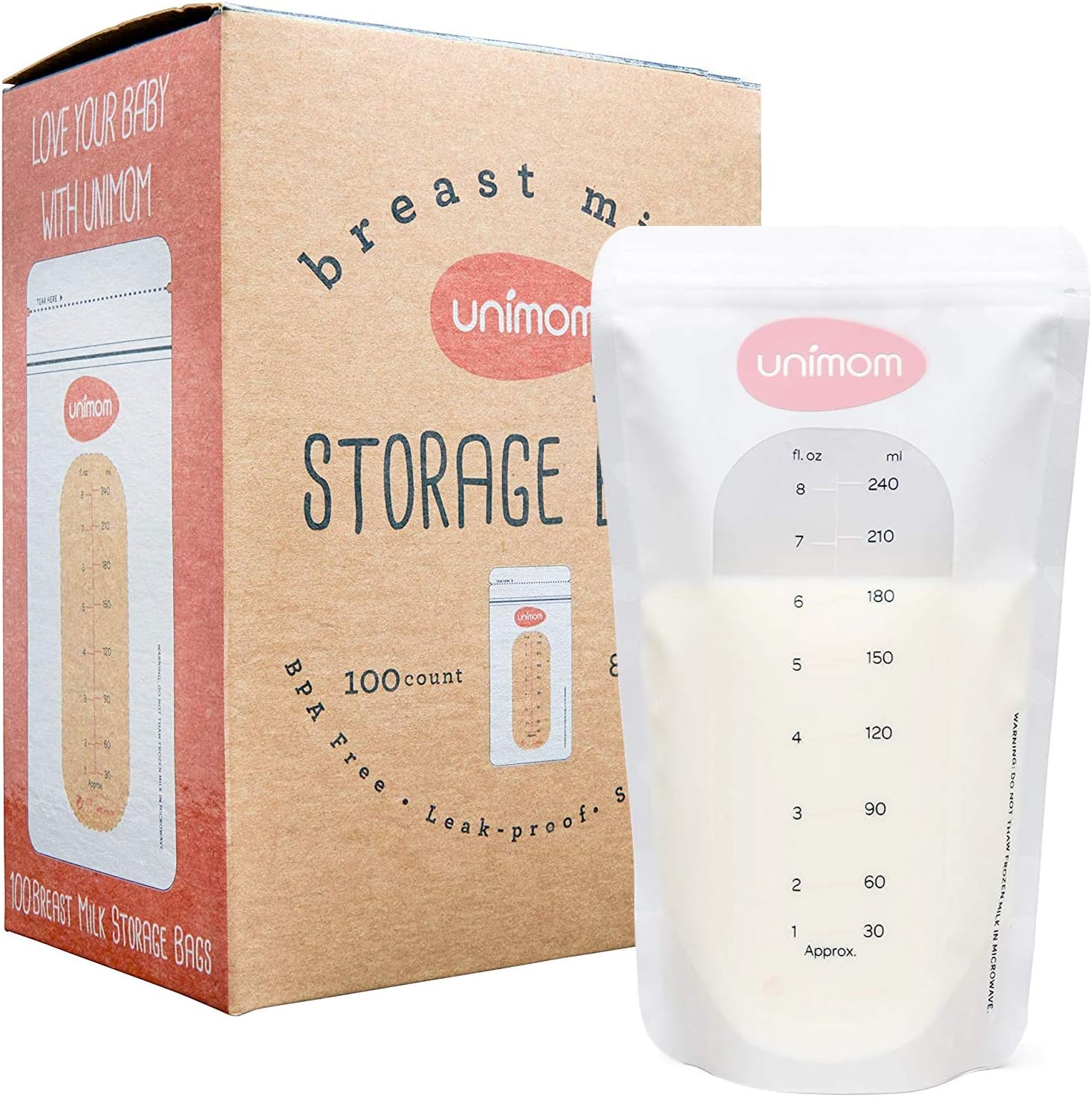 Unimom Breastmilk Storage Bags - 8oz – Zip-Top Leak Proof Closure - Self Standing, BPA Free, Pre Sterilized - Graduated Measurement Markings – Easy Tear for Pouring (100 Count)