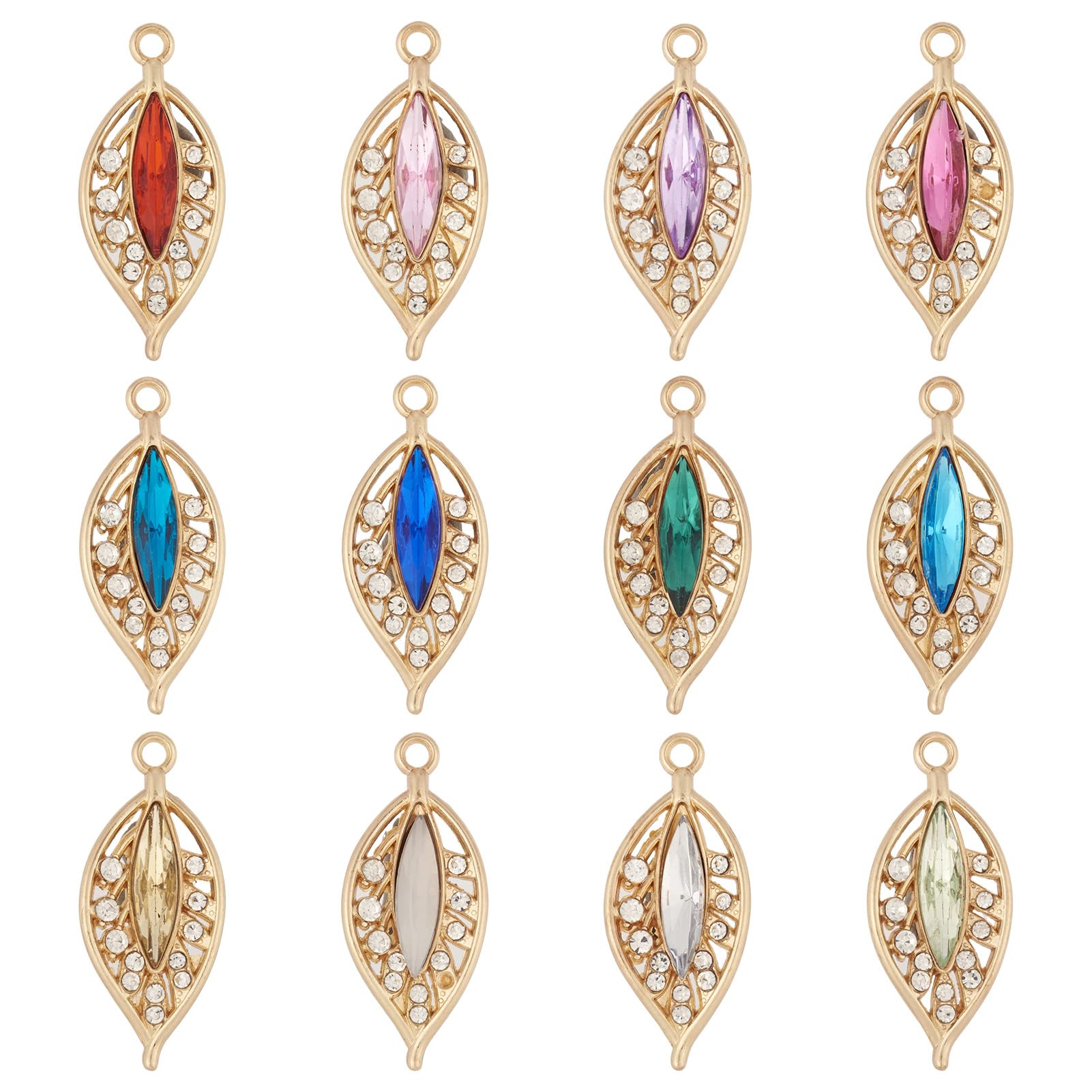 Bestewelry 24Pcs KC Gold Plated Rhinestone Charms Pendants Shiny Gemstone Leaf Charm Alloy Plant Leaves Charms for DIY Necklace Bracelet Earring