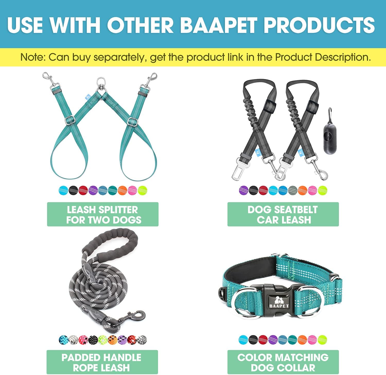 BAAPET 5 Feet Nylon Dog Leash with Triple Reflective Threads and Comfortable Padded Handle for Walking, Training Lead Small Puppy, Medium and Large Dogs (1.0'' x 5 FT, Teal)