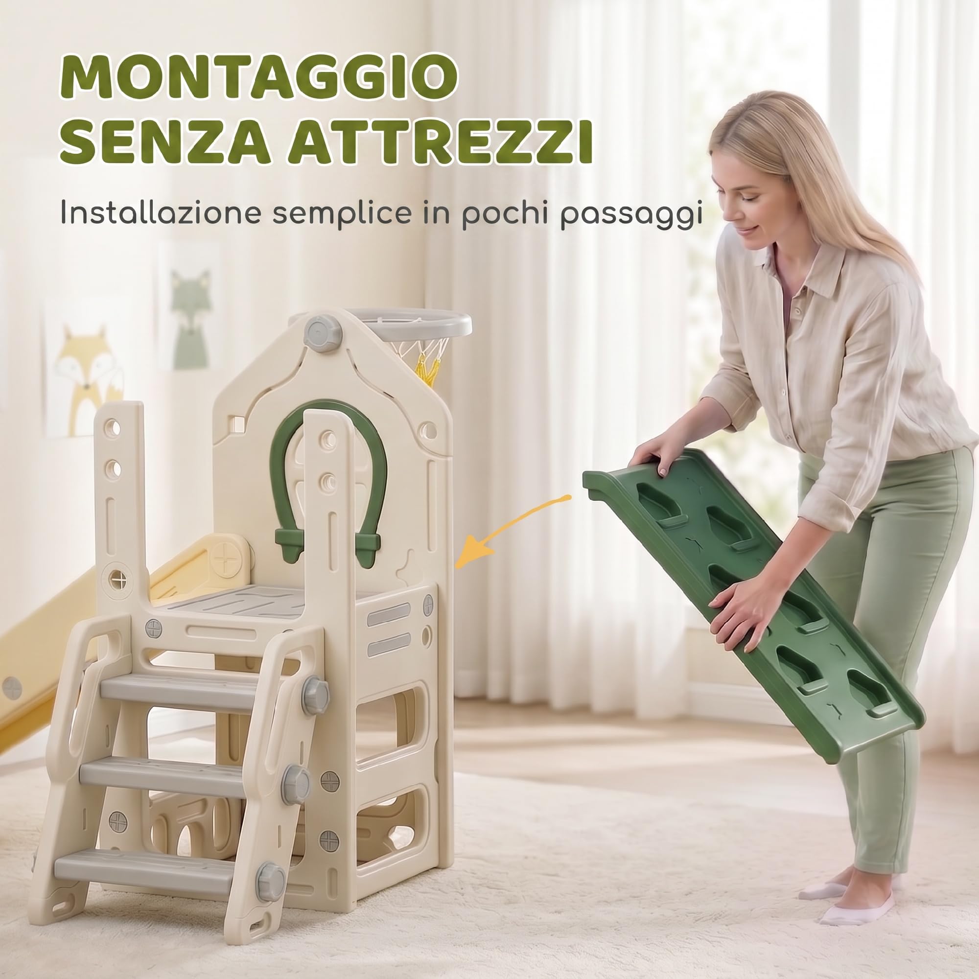 AIYAPLAY 4 in 1 Scivolo per Bambini 1-3 Anni in HDPE 191x100x84 cm Crema | Arrampicata, Canestro, Spazio Portaoggetti, Gradini Antiscivolo, Pallone, Carico Massimo 25kg