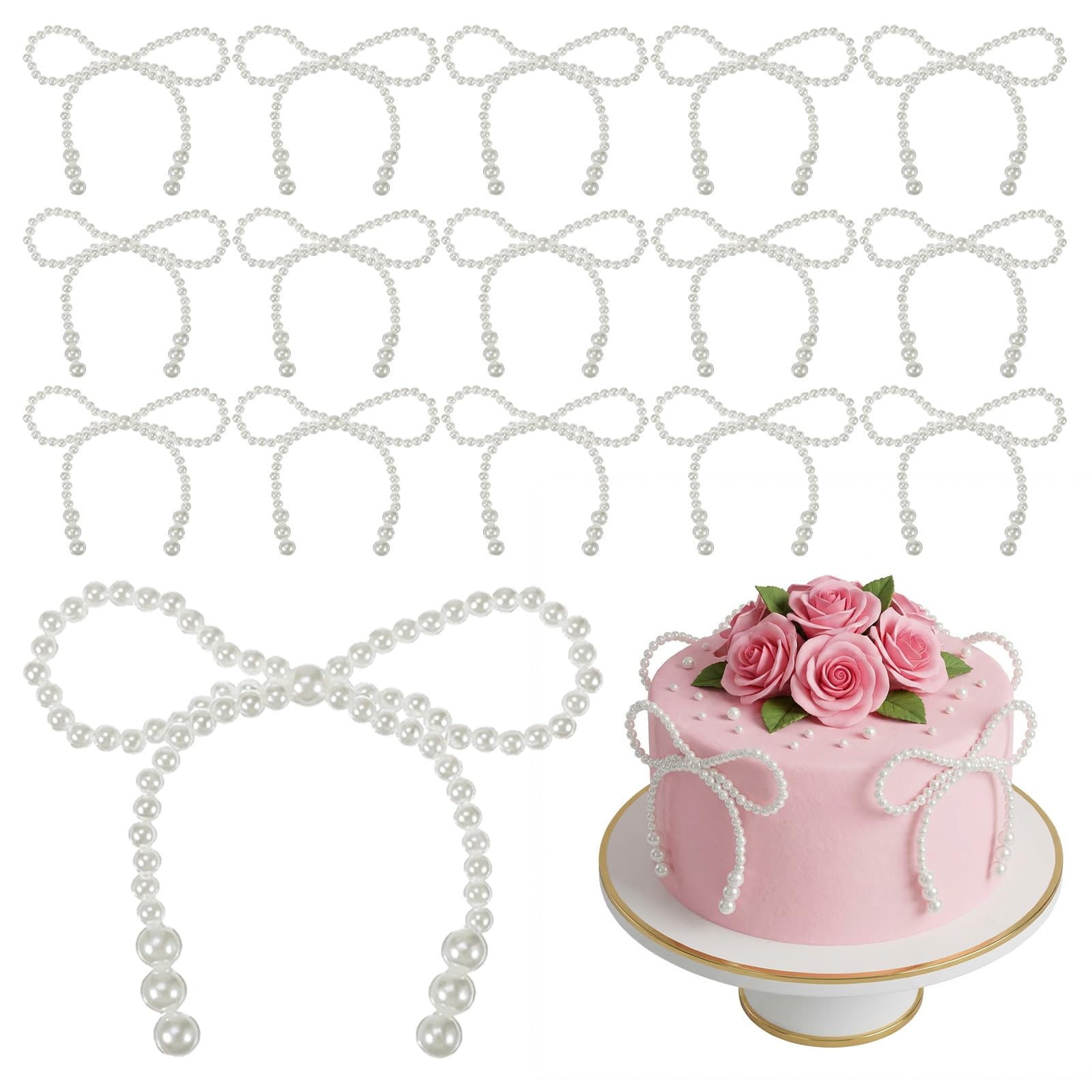 Rahhlizs 16 Pcs Pearl Bow Cake Topper, White Pearls Bow Cake Decorations, Elegant Bows for Cakes Toppers for Weddings, Birthday, Valentine's Day, Bridal Shower, Baby Shower Party Supplies