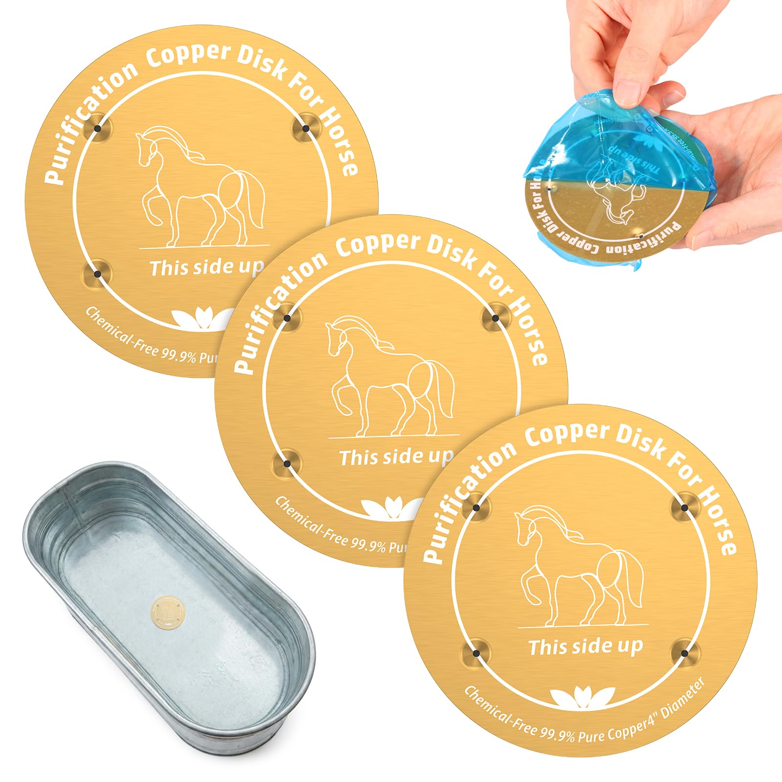 Caffney 3 Pack Copper Disk for Animal Water Trough 3.94 inch Diameter 0.03 inch Thick Copper Disc Automatic Animal Water Trough Purification Disk with 4 Point Support Purify All Year Round(horse)