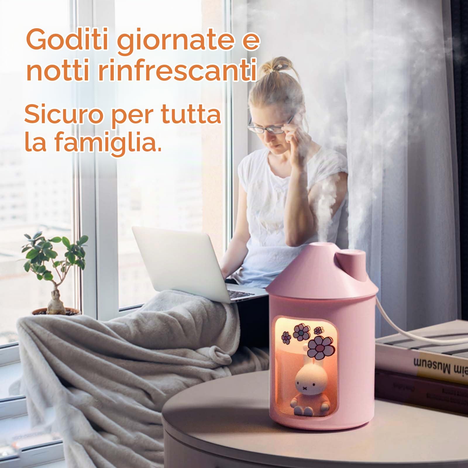 Mipow x miffy BTA700M Umidificatore a nebbia fredda per camera da letto, umidificatore silenzioso ad ultrasuoni con luce notturna, 450 ml, umidificatori a doppio spruzzo per vivaio, ufficio piante da