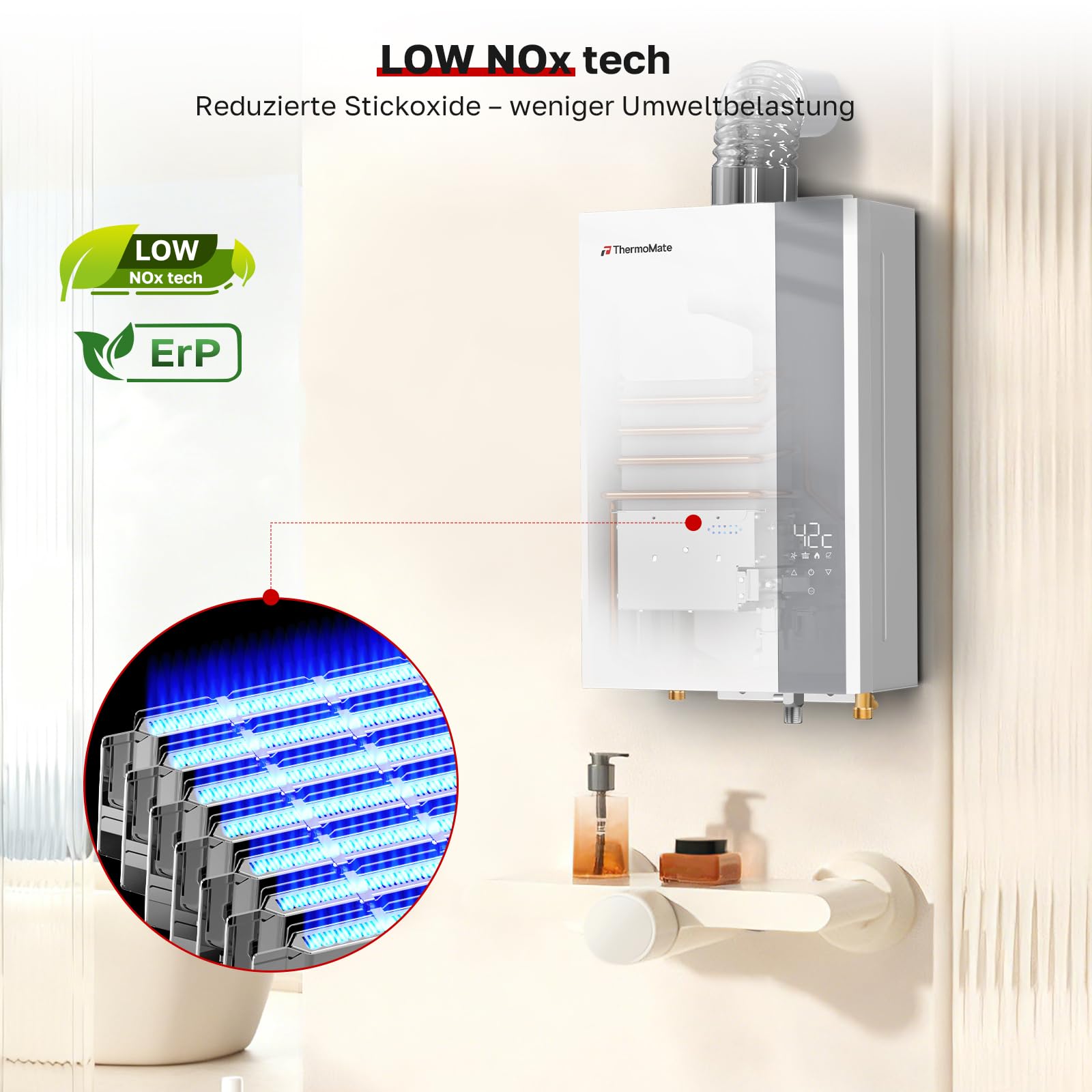 ThermoMate ECO Gasdurchlauferhitzer innenbereich 16 Liter, ErP/niedrige NOx Erdgas raumluftunabhängige Durchlauferhitzer(20mbar), Gas-Warmwasserbereiter fur Küchen und Bad