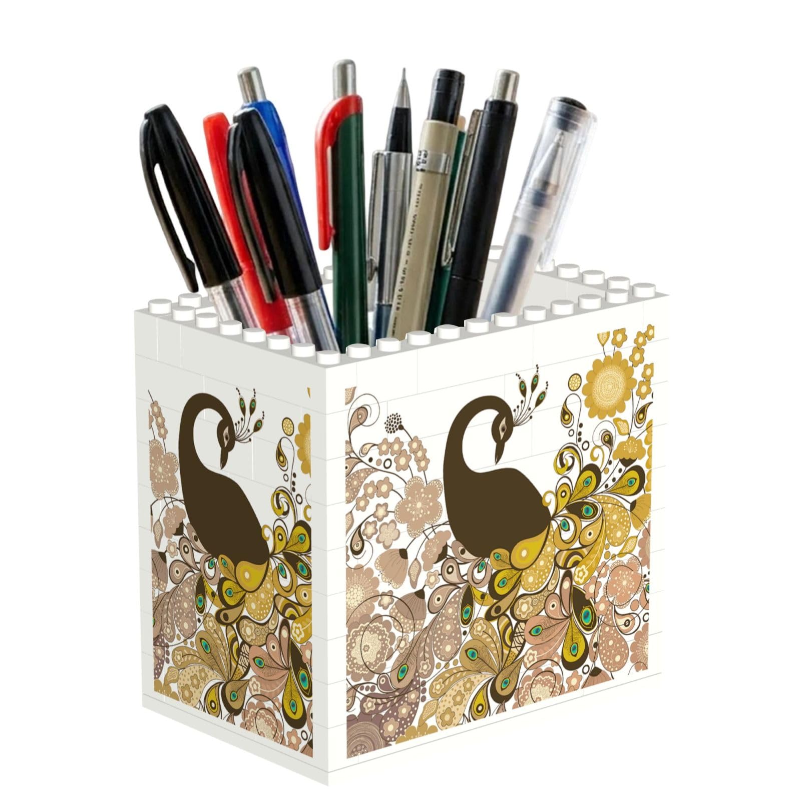 SATUSA Elegant Peacock Print Building Block Texture Pen Holder - Pencil Holder For Desk Pen Organizer,Aesthetic Desk Accessories For Women(1pcs)