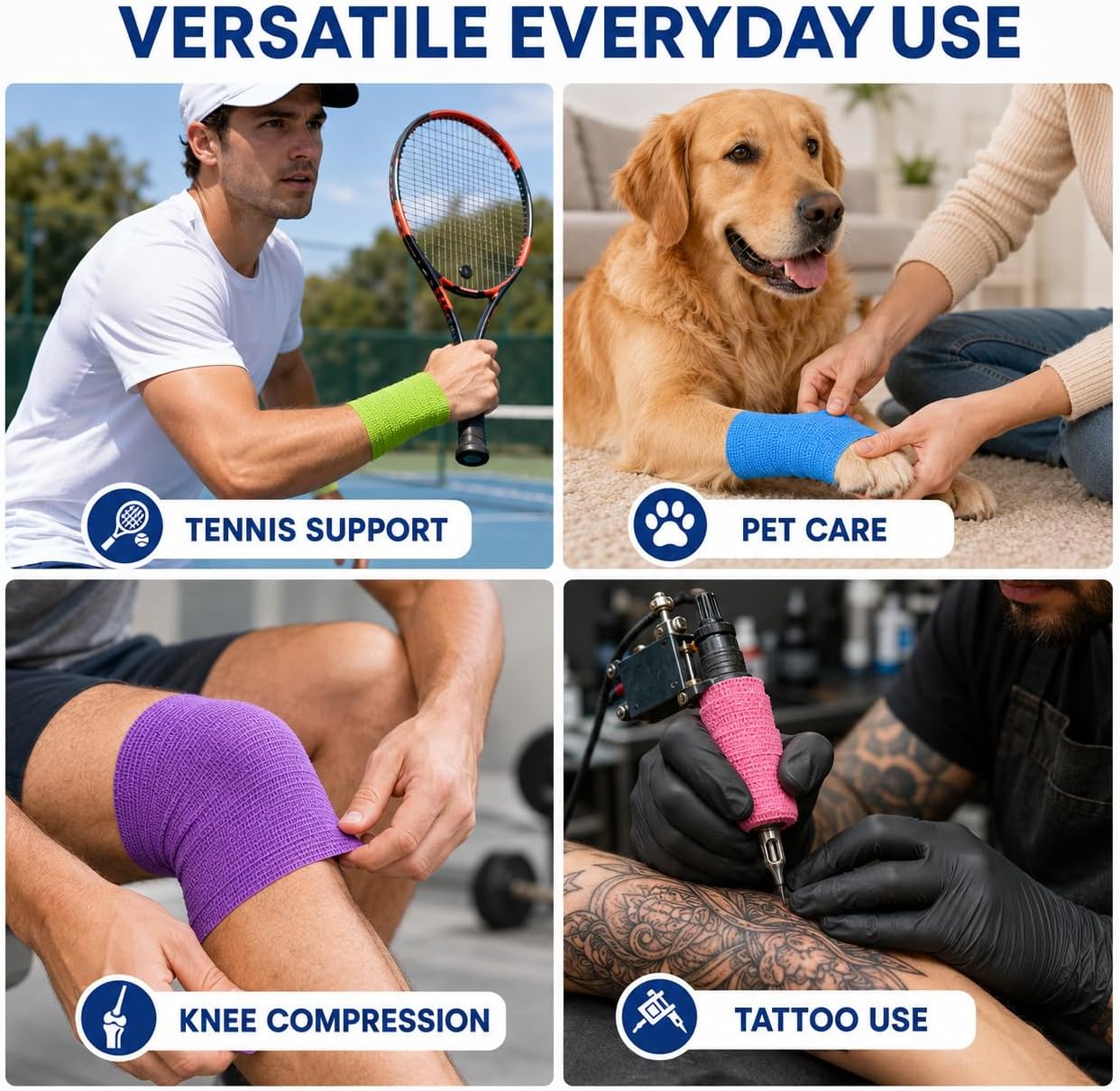 Primacare WB-7709 Self Adhesive Bandage Wrap 48 Pack, 2” x 5 Yards Cohesive Elastic Bandage Wrap, Multi Color Self Adherent Athletic Wrap Tape for Wrist, Ankle, Sports, First Aid, Vet and Pet Care
