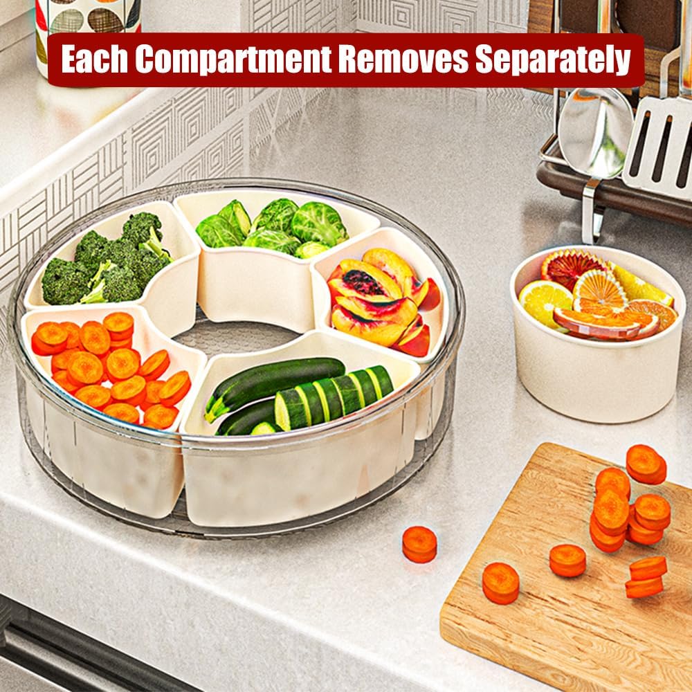 IRONA Divided Dishes, Trays & Platters,Divided Rotating Serving Tray with Lid and Handle, Portable Spinnable Snackle Box Container for Veggie, Fruit, Candy, Nuts, Divided Serving Platter