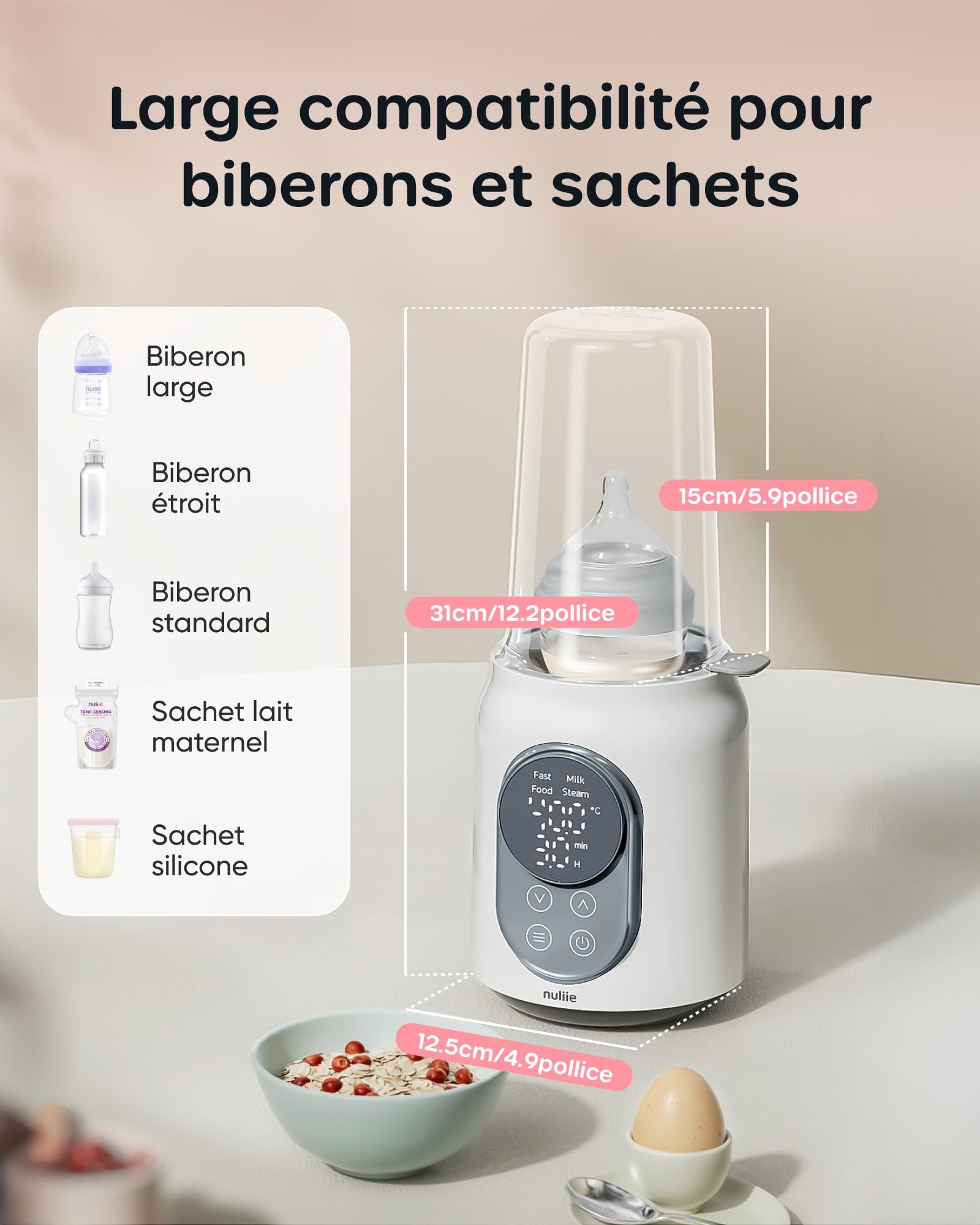 Chauffe Biberon, Nuliie Stérilisateur Électrique Rapide 10 en 1 pour Lait Maternel ou Formule avec Minuterie Numérique Contrôle intelligent de la Température et Arrêt Automatique, 220V