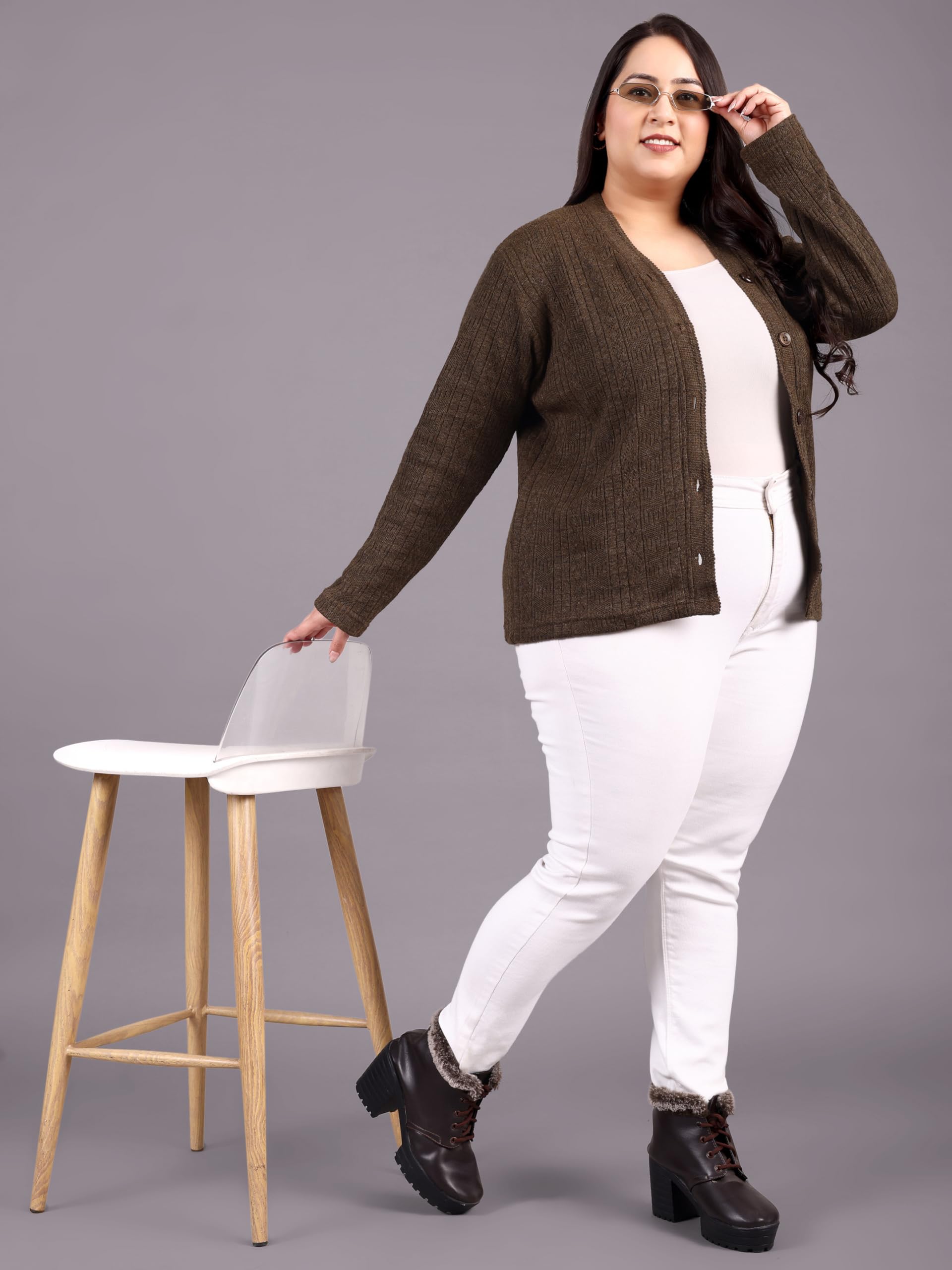 HIFZAA Plus Size Sweater for Womens Woolen Full Sleeve Cardigan 3XL 4XL 5XL 6XL Coffee - Image 5 thumbnail