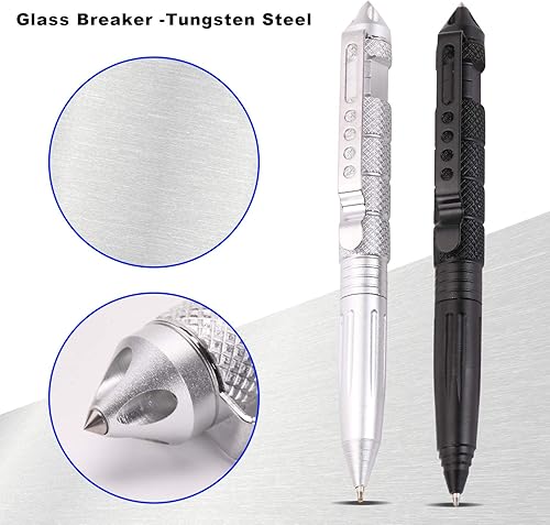 Miniatura 3 de Juego de 2 bolígrafos tácticos militares con 6 repuestos de bolígrafo negro para escribir, hechos de acero de tungsteno y aluminio (negro y plateado)