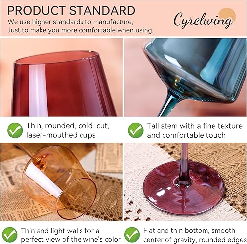 Miniatura 10 de Cyrelwing Juego de 6 copas de vino azul de 18 onzas, juego de regalo para esposa y mamá, coloridos vasos de vidrio soplado a mano para vino tinto y