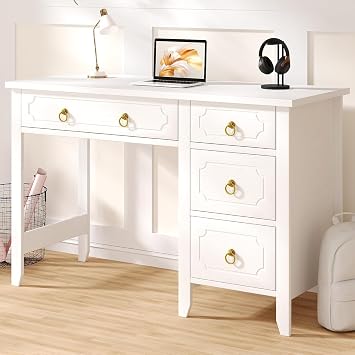 MaverickFurni 45" White and Gold Desk with 4 Drawers | Home Office Desk with Storage for Work Writing Study, Small Desk with Golden Handle for Bedroom, Girl Desk with Storage
